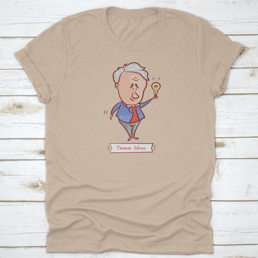 A stylish shirt featuring Thomas Edison with a light bulb, designed in a blue jacket shirt, made from 100% cotton.