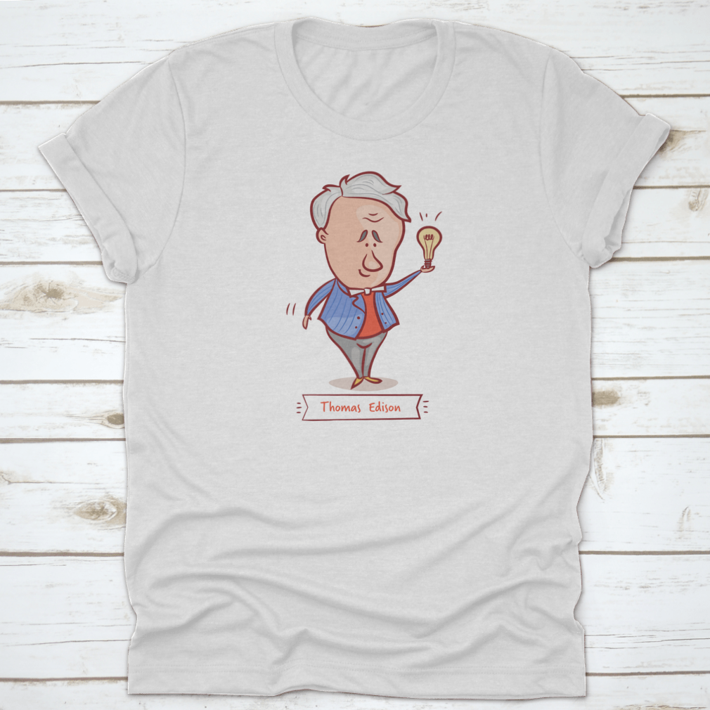 A stylish shirt featuring Thomas Edison with a light bulb, designed in a blue jacket shirt, made from 100% cotton.