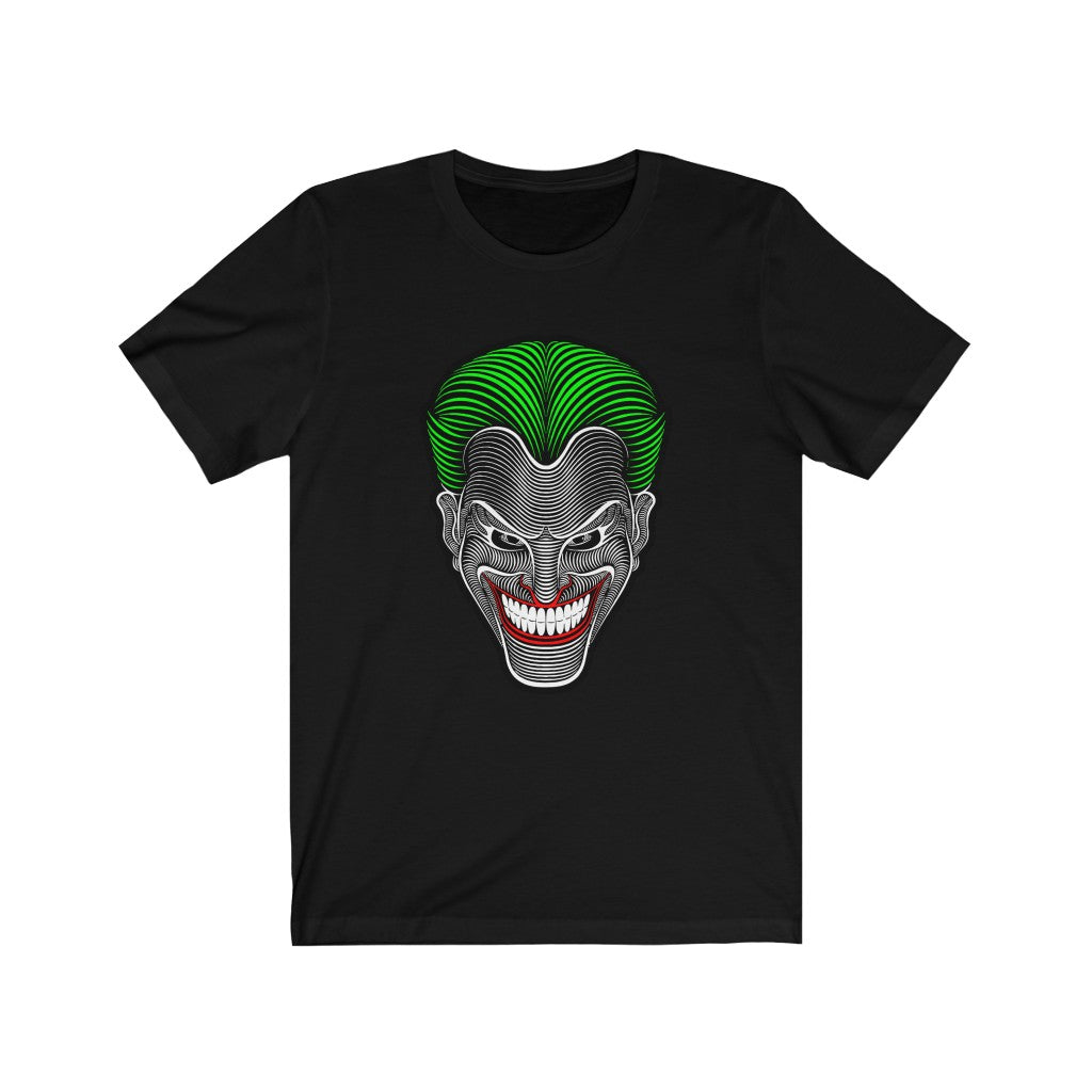 A stylish black t-shirt featuring a vibrant graphic of The Joker, showcasing his iconic smile and colorful design.