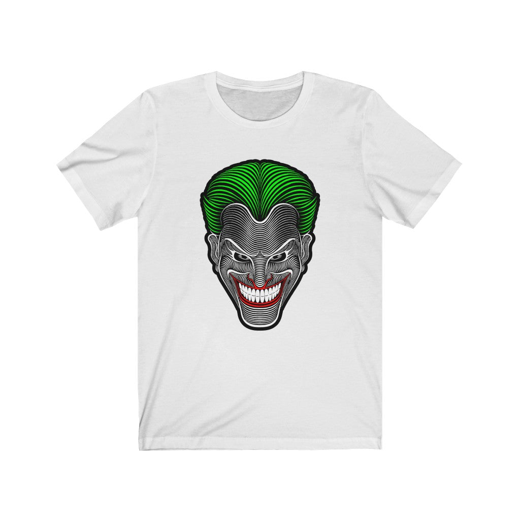 A stylish black t-shirt featuring a vibrant graphic of The Joker, showcasing his iconic smile and colorful design.