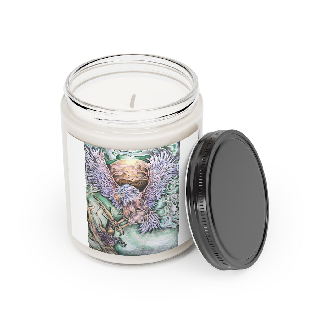 The Key Scented Candle in a glass container, featuring a permanent adhesive label, showcasing its soothing Cinnamon Stick and Vanilla fragrances.