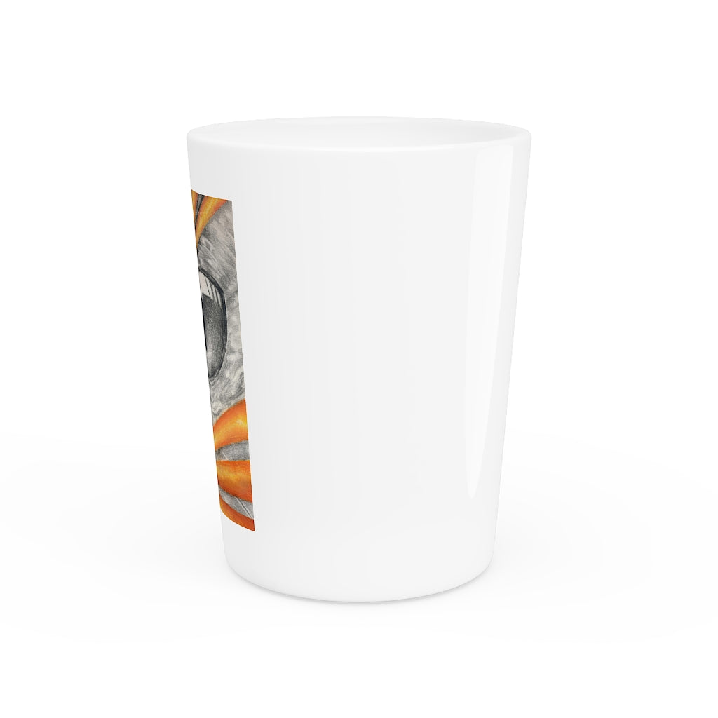 A personalized ceramic shot glass with a customizable design, featuring a white or black interior, perfect for gatherings and gifts.