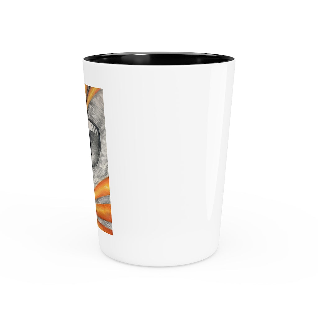 A personalized ceramic shot glass with a customizable design, featuring a white or black interior, perfect for gatherings and gifts.