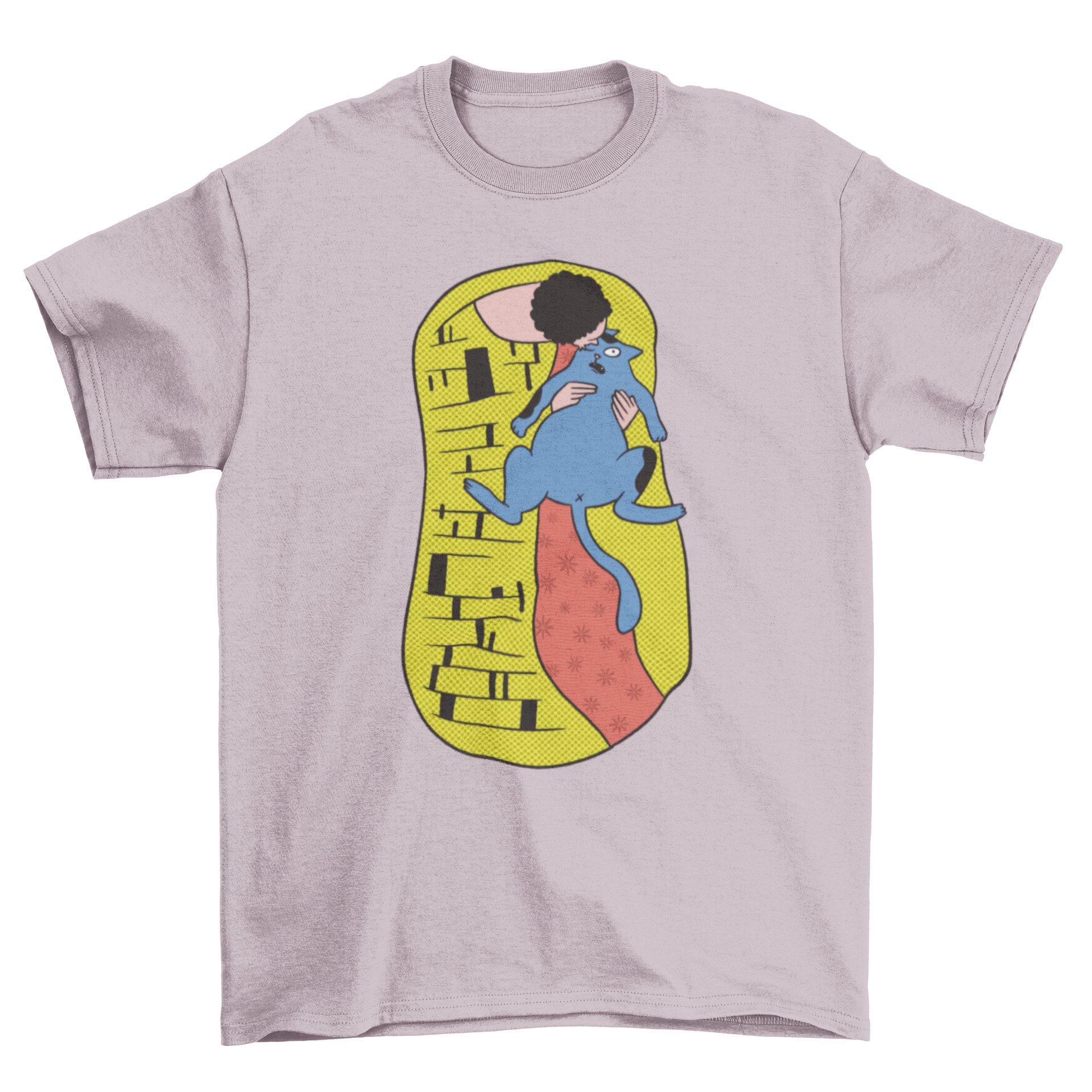 A humorous t-shirt featuring a cat parody of The Kiss artwork, showcasing a playful design.