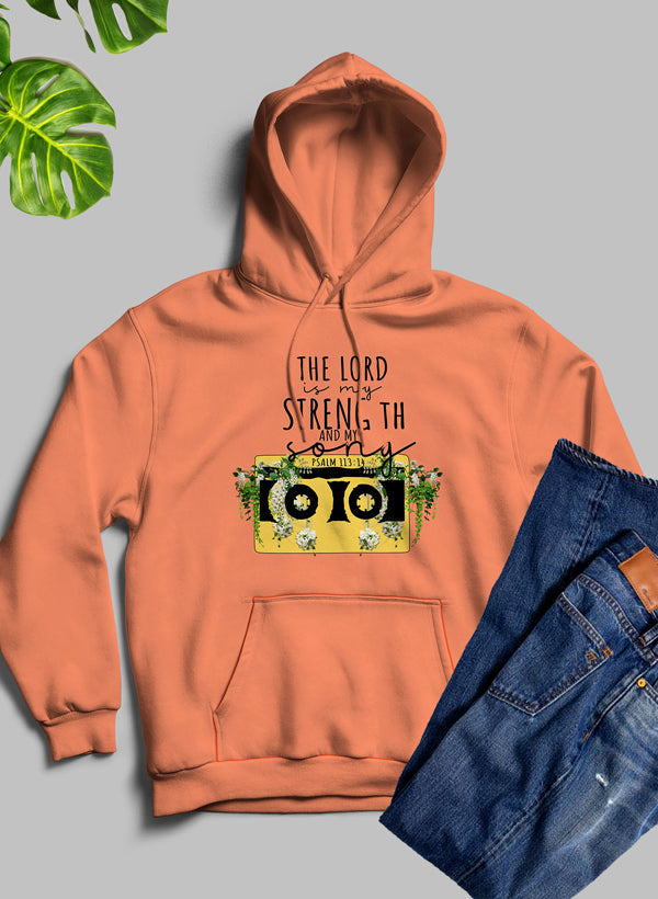 A cozy hoodie featuring the phrase 'The Lord Is My Strength And My Song', designed for comfort and style.