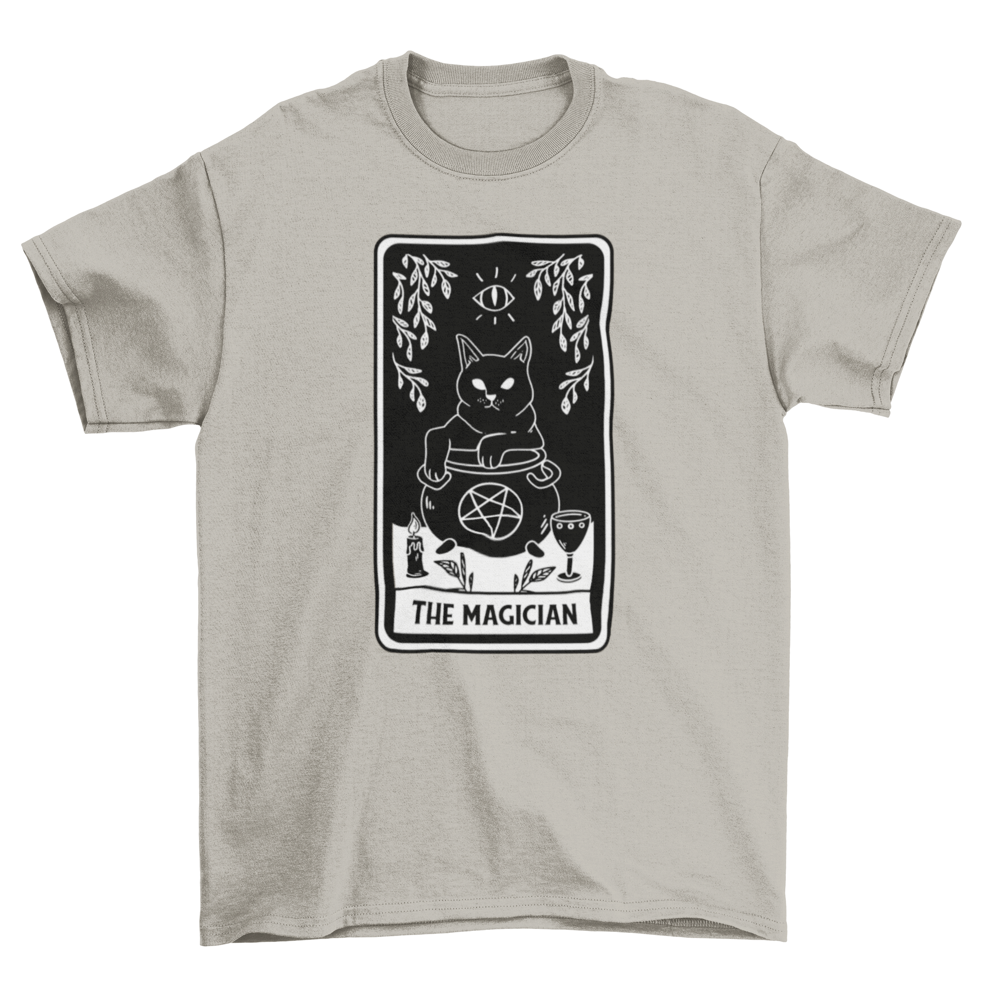 A stylish t-shirt featuring The Magician tarot card design with a black cat in a cauldron, perfect for tarot enthusiasts.