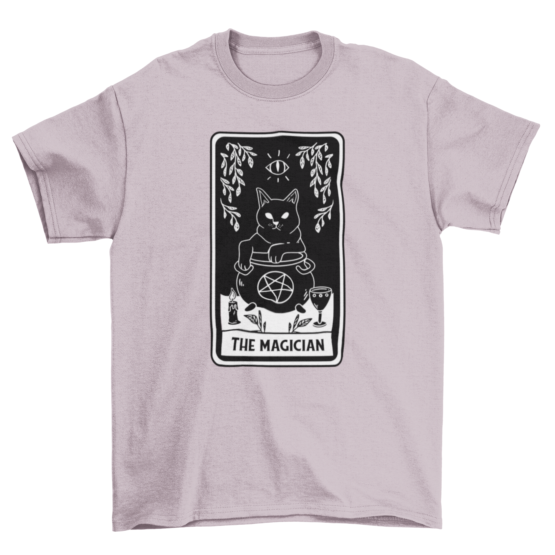 A stylish t-shirt featuring The Magician tarot card design with a black cat in a cauldron, perfect for tarot enthusiasts.