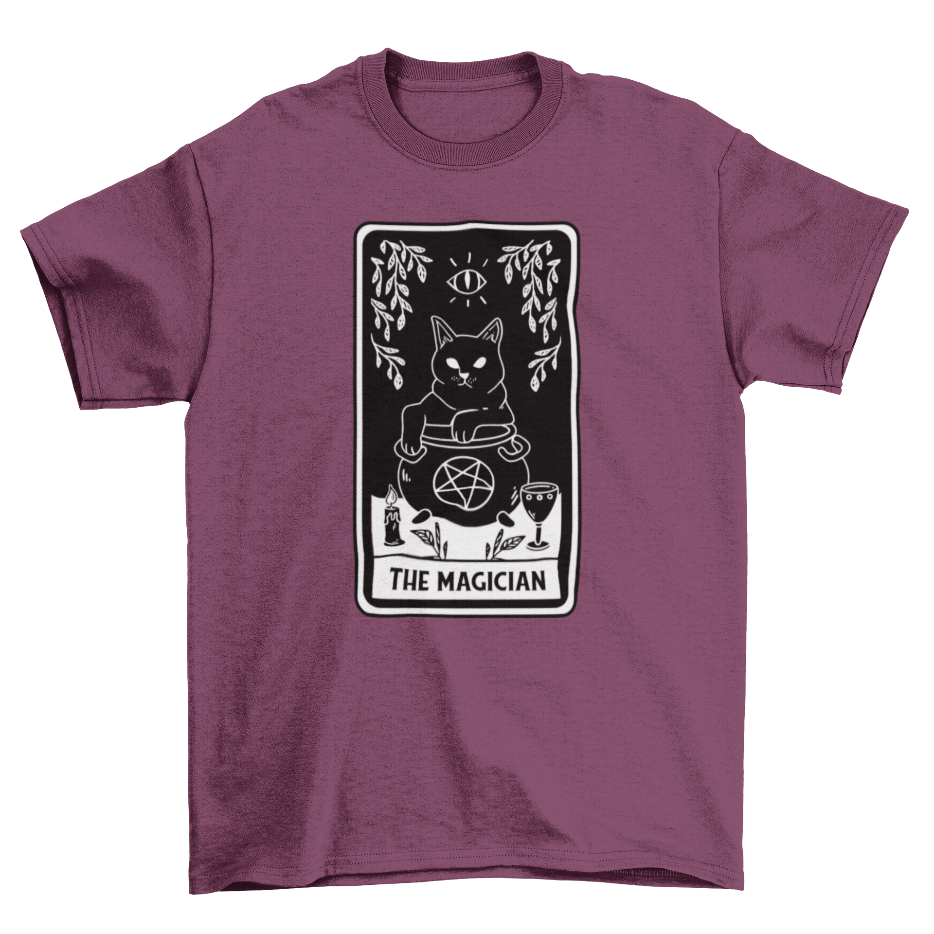 A stylish t-shirt featuring The Magician tarot card design with a black cat in a cauldron, perfect for tarot enthusiasts.