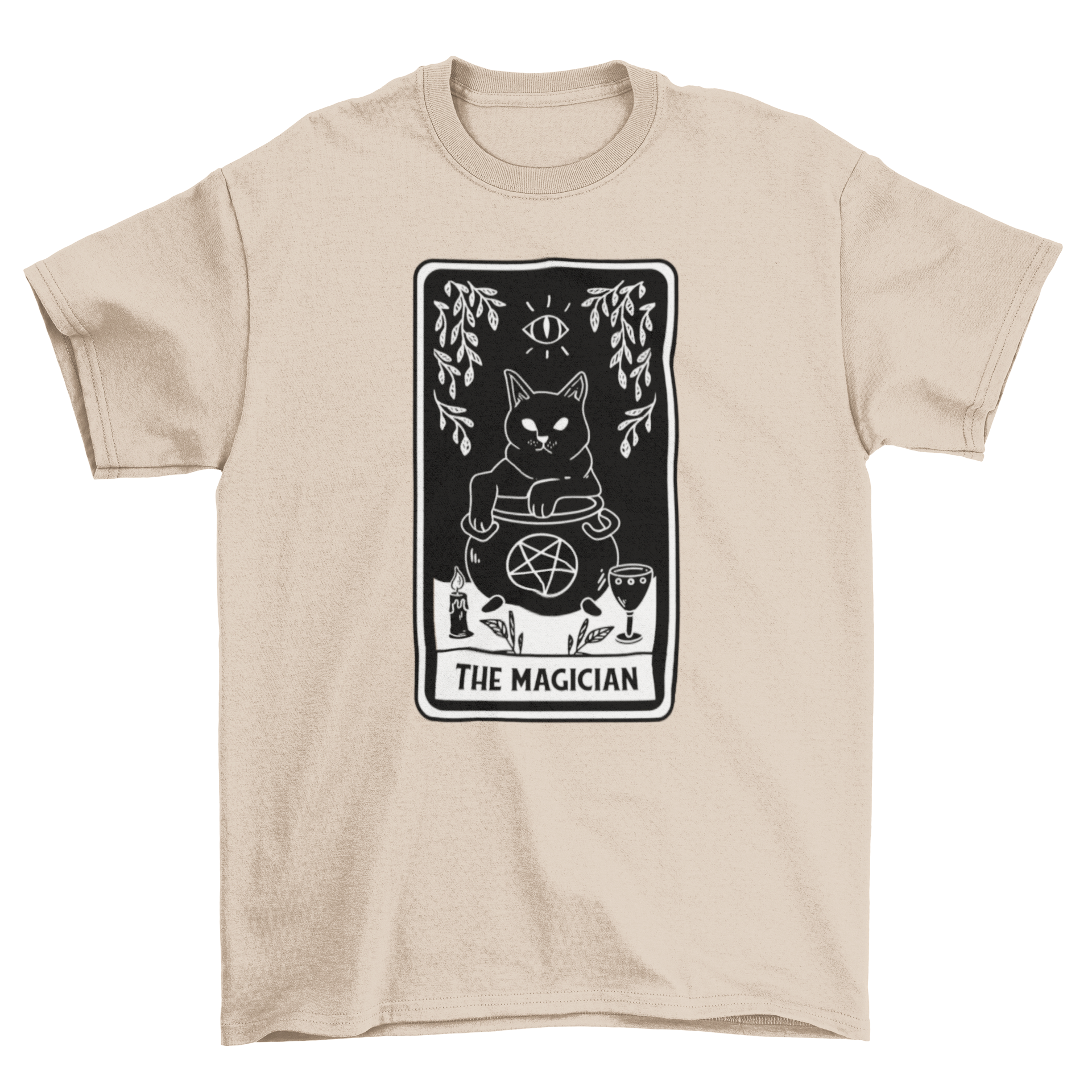 A stylish t-shirt featuring The Magician tarot card design with a black cat in a cauldron, perfect for tarot enthusiasts.