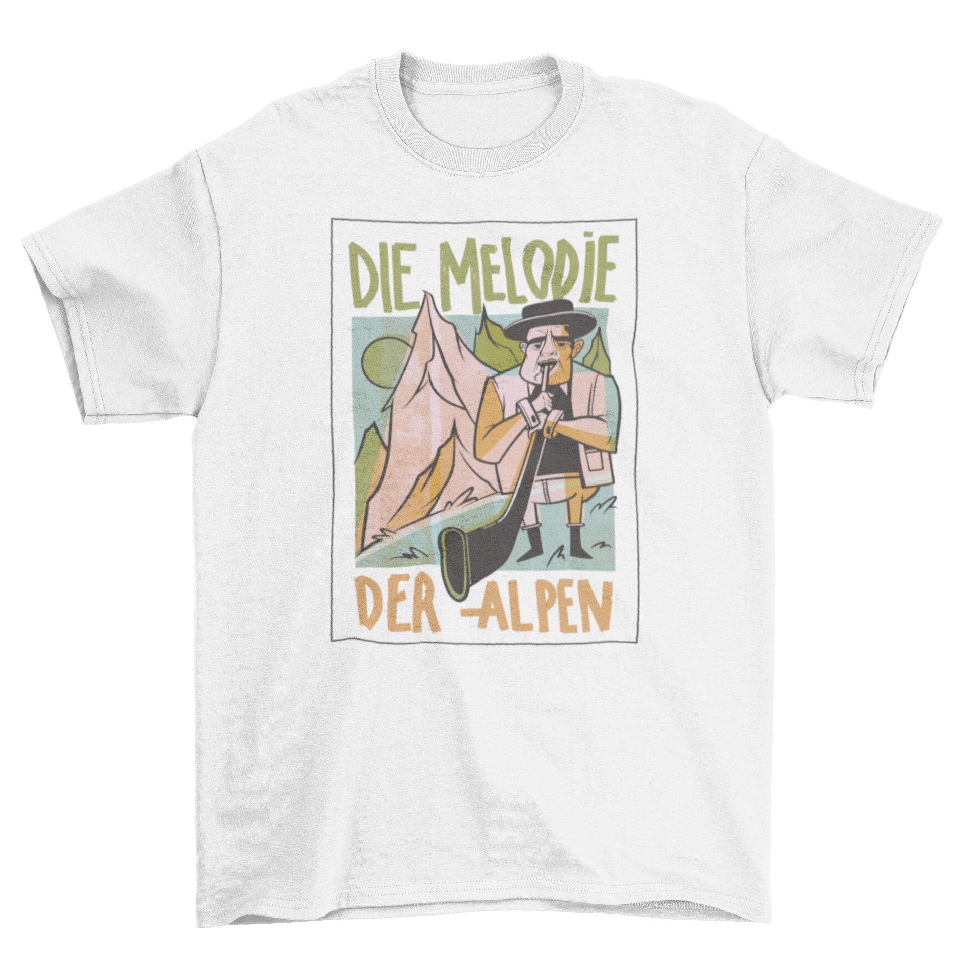 A stylish t-shirt featuring a mountain man playing an Alps horn with the quote 'The melody of the Alps' in German.