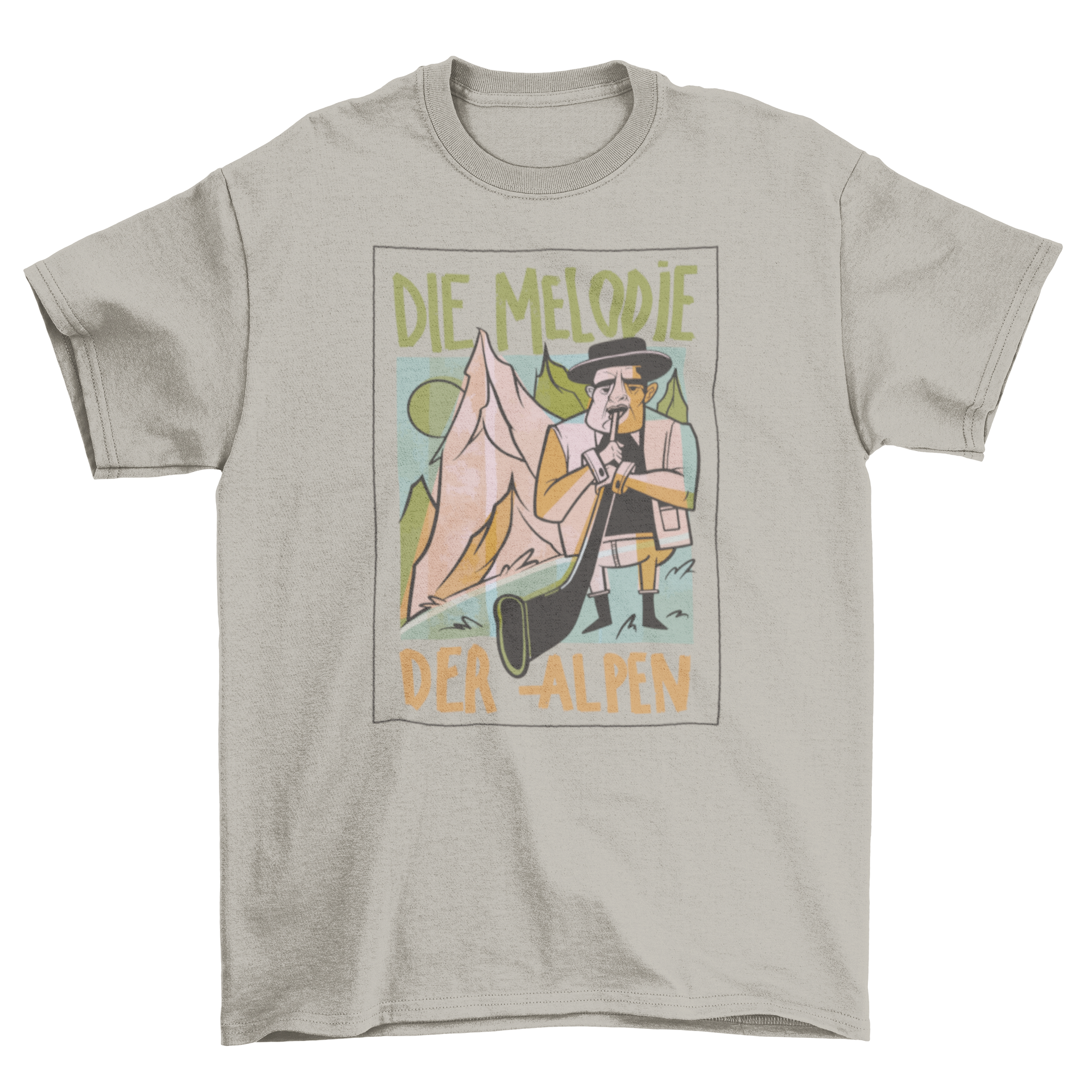 A stylish t-shirt featuring a mountain man playing an Alps horn with the quote 'The melody of the Alps' in German.