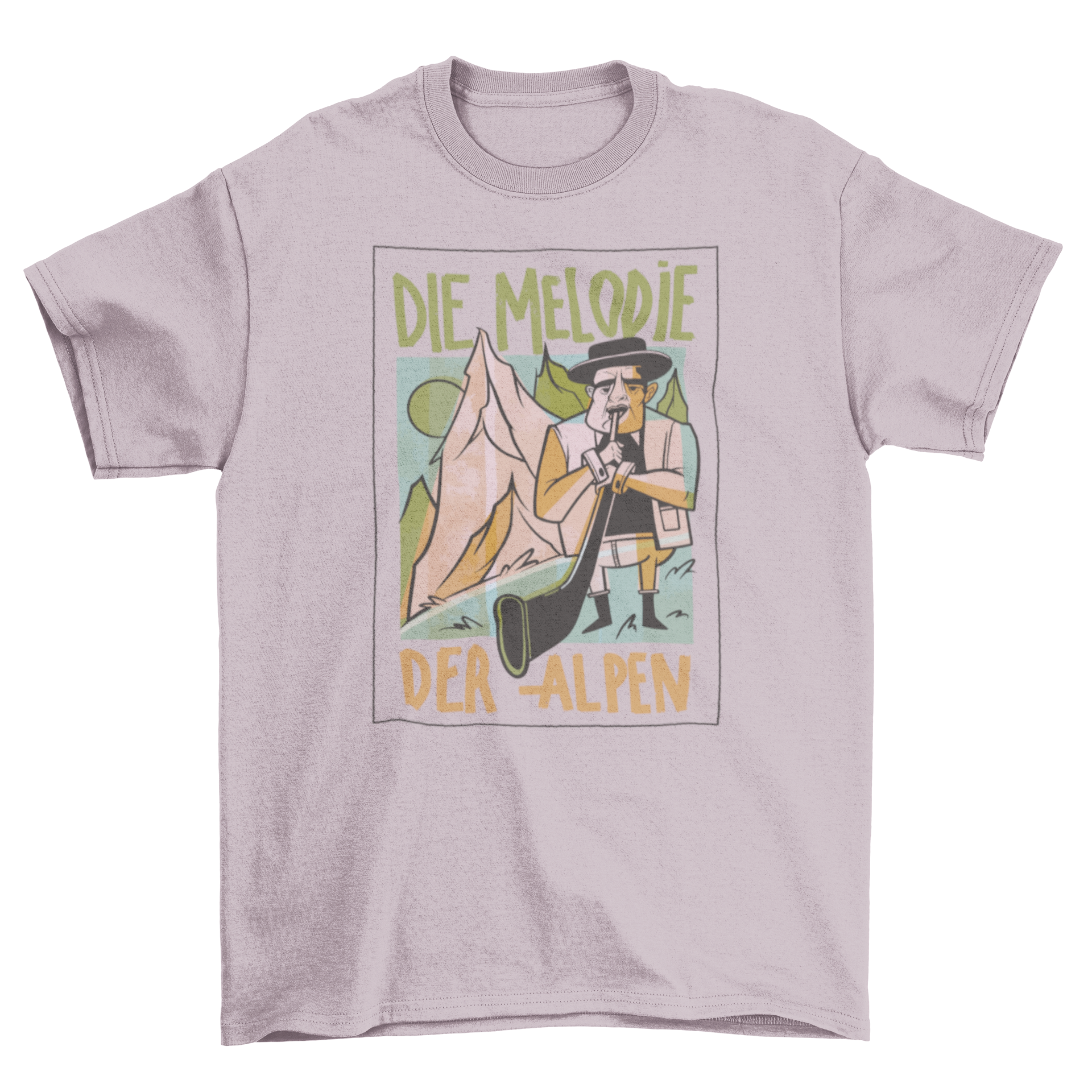 A stylish t-shirt featuring a mountain man playing an Alps horn with the quote 'The melody of the Alps' in German.