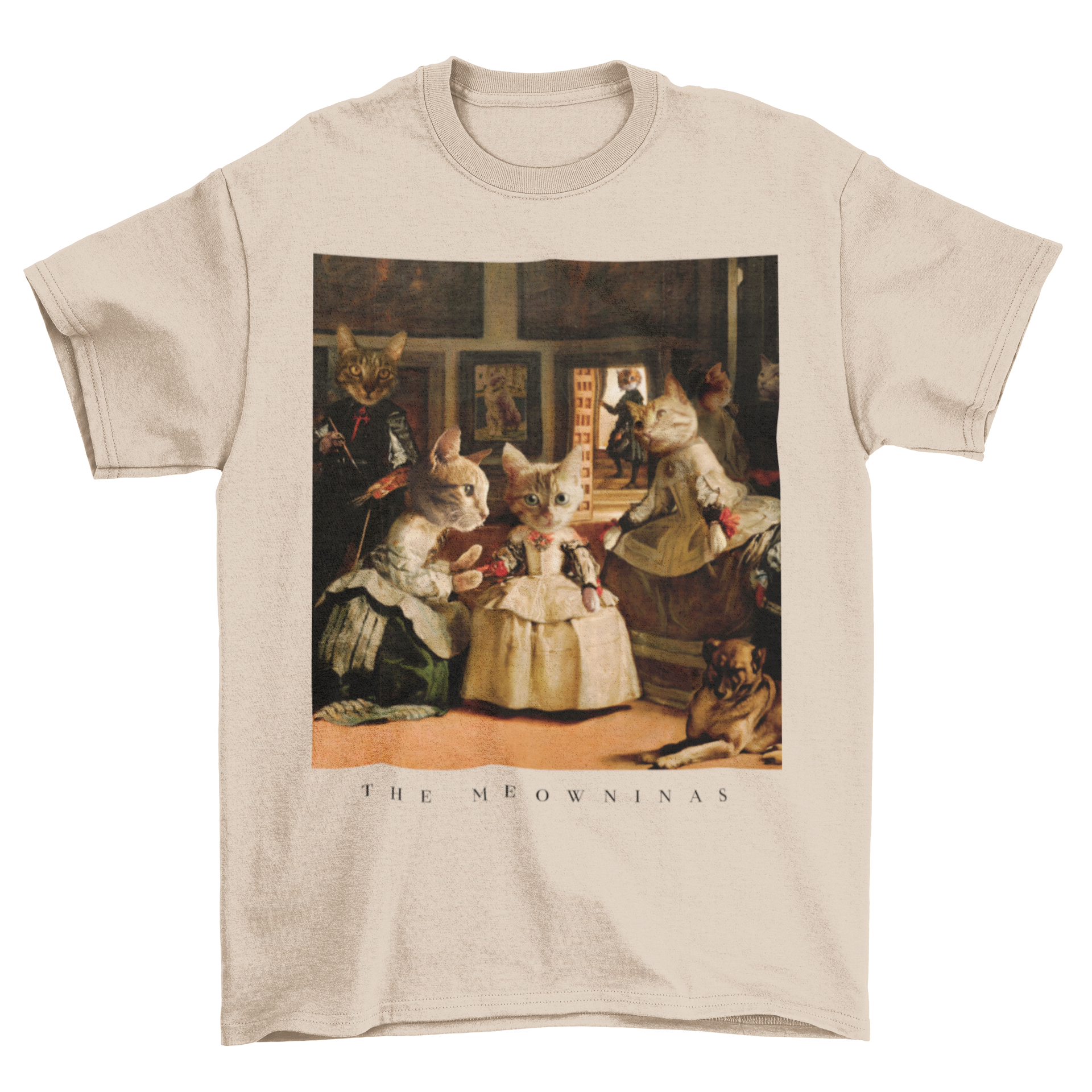 A stylish t-shirt featuring cats in famous paintings with the quote 'The meowninas'.