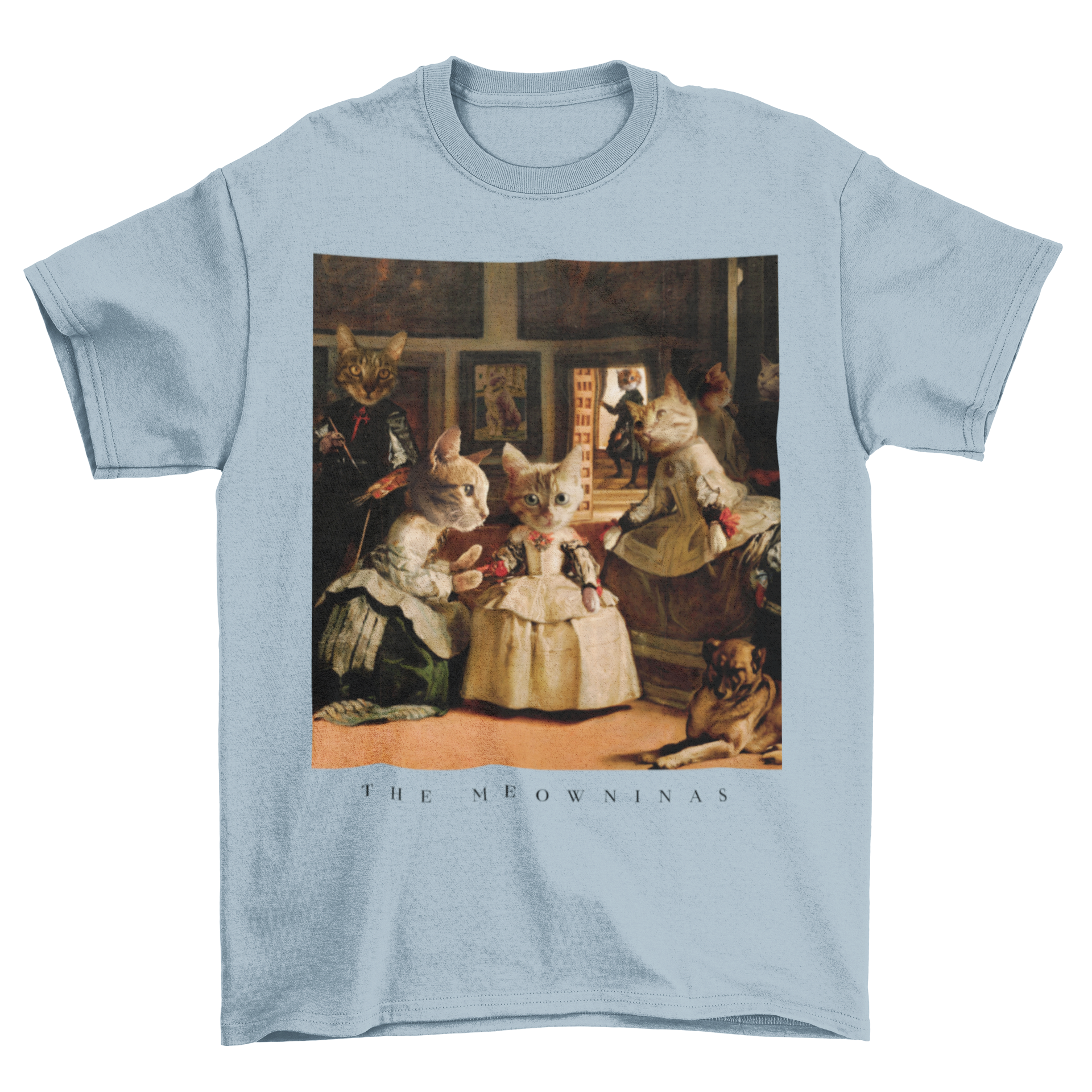 A stylish t-shirt featuring cats in famous paintings with the quote 'The meowninas'.