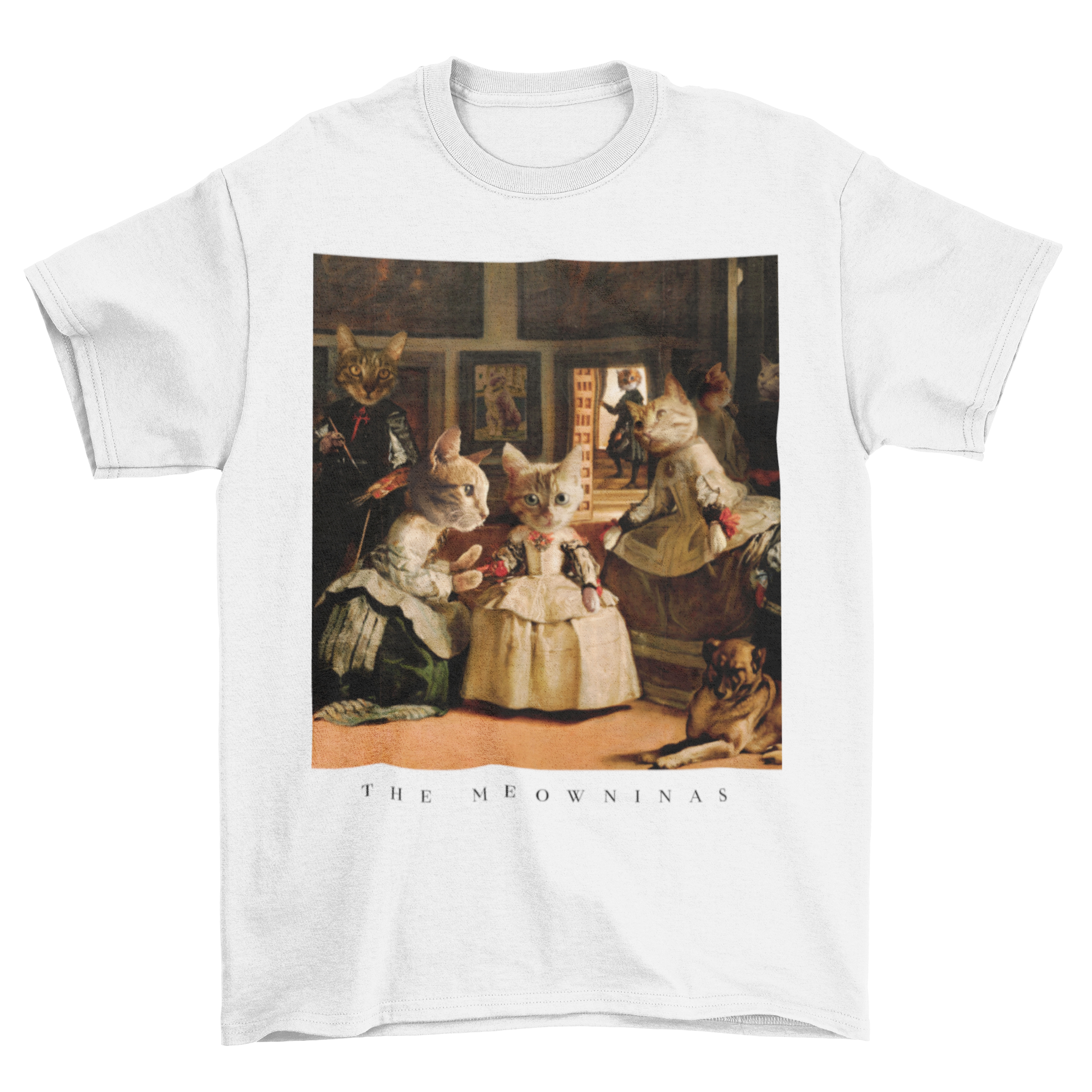 A stylish t-shirt featuring cats in famous paintings with the quote 'The meowninas'.