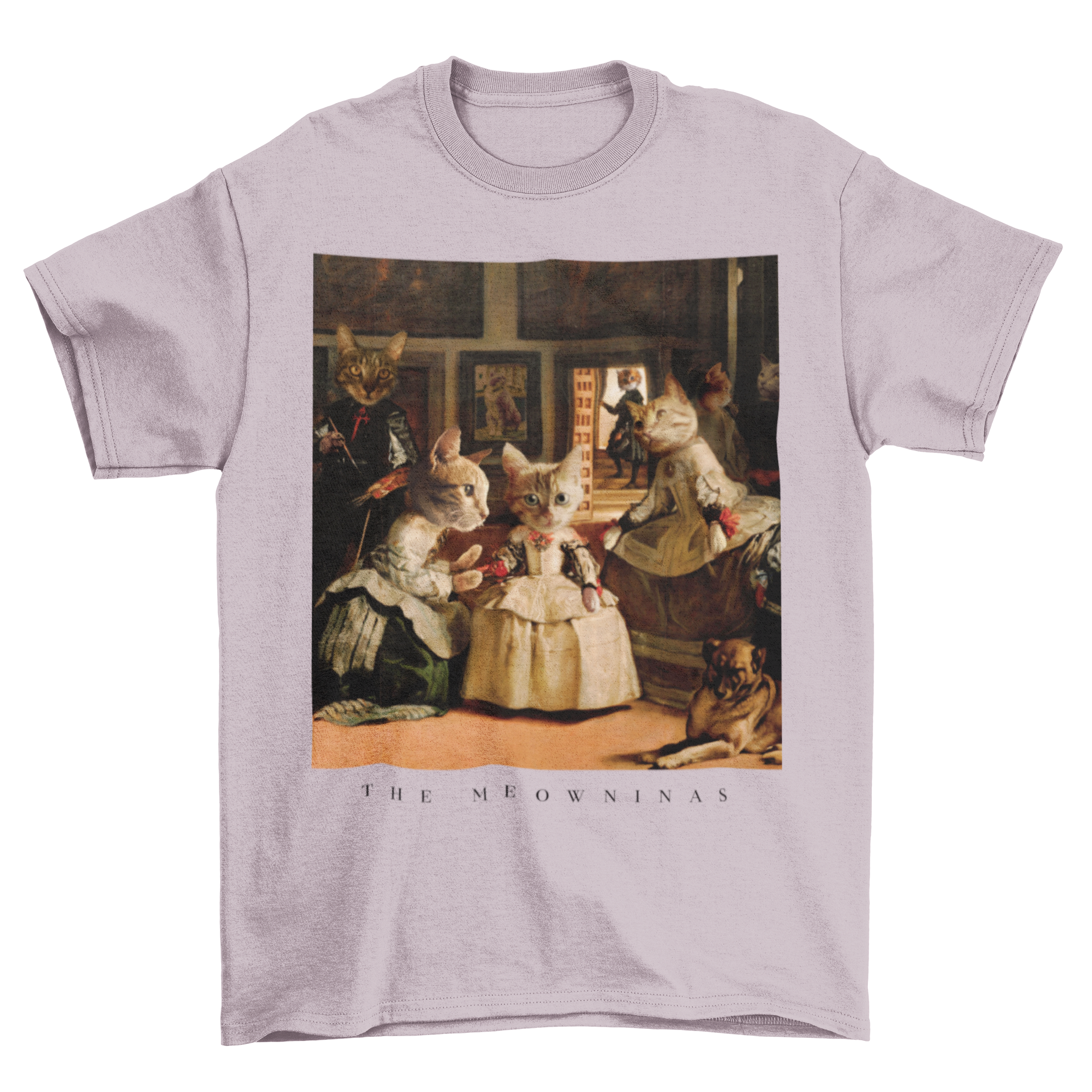 A stylish t-shirt featuring cats in famous paintings with the quote 'The meowninas'.