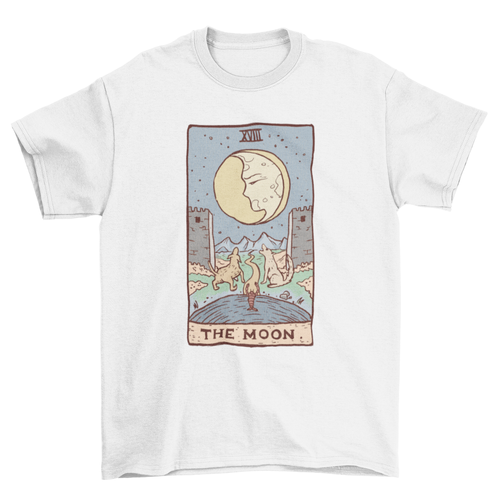 A stylish t-shirt featuring a tarot card design with a moon and wolves, perfect for tarot enthusiasts.