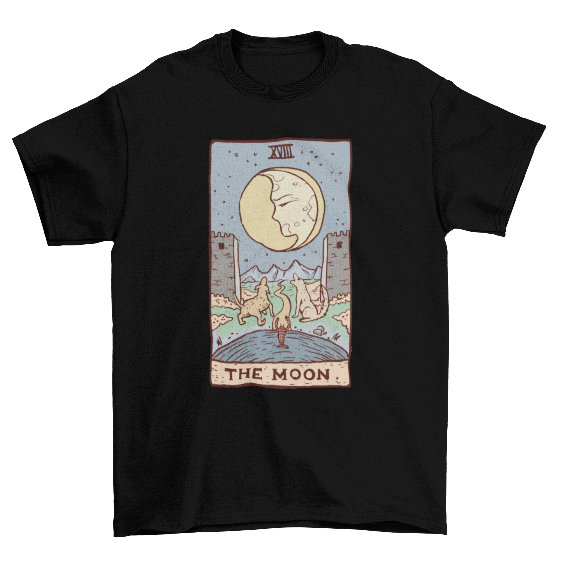 A stylish t-shirt featuring a tarot card design with a moon and wolves, perfect for tarot enthusiasts.