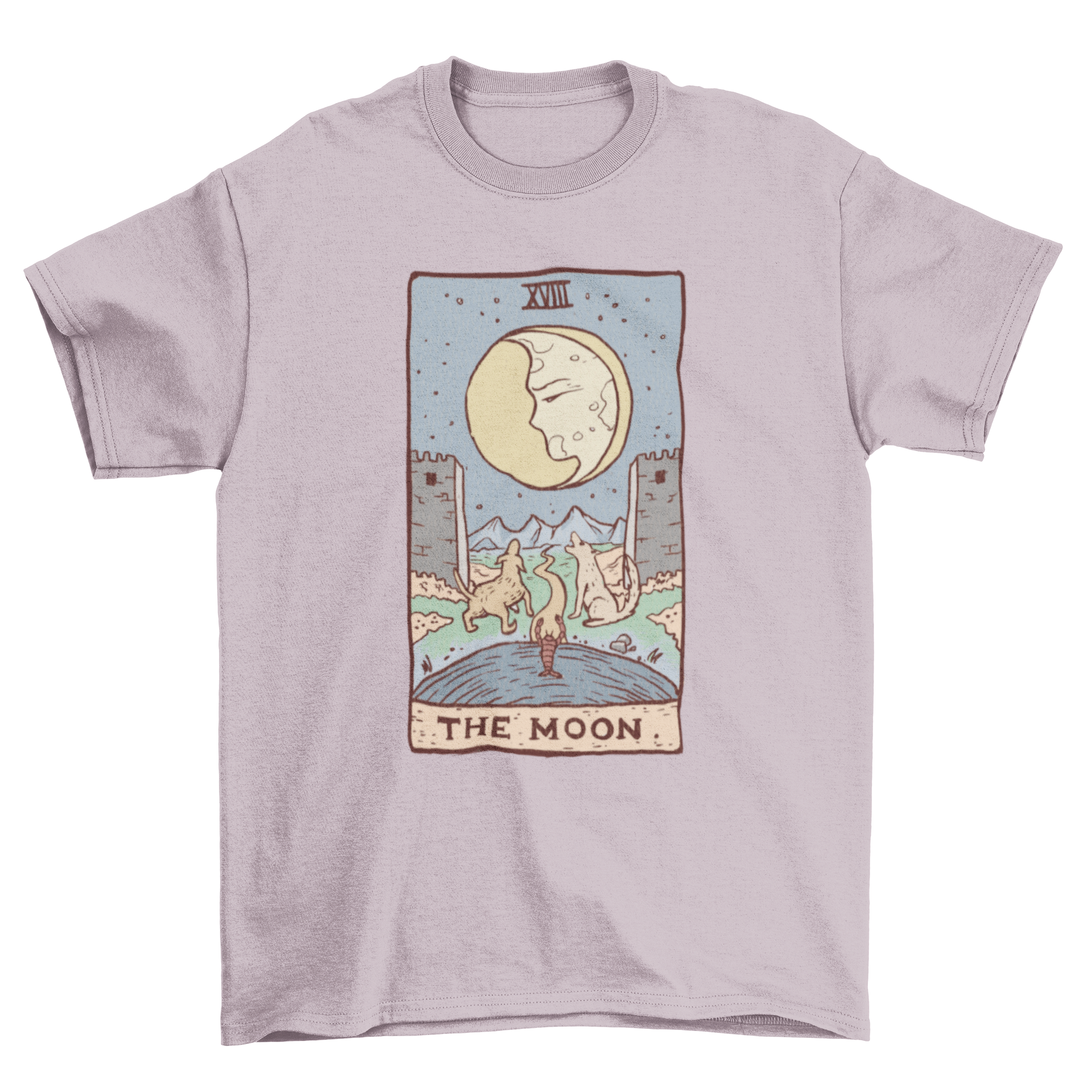 A stylish t-shirt featuring a tarot card design with a moon and wolves, perfect for tarot enthusiasts.