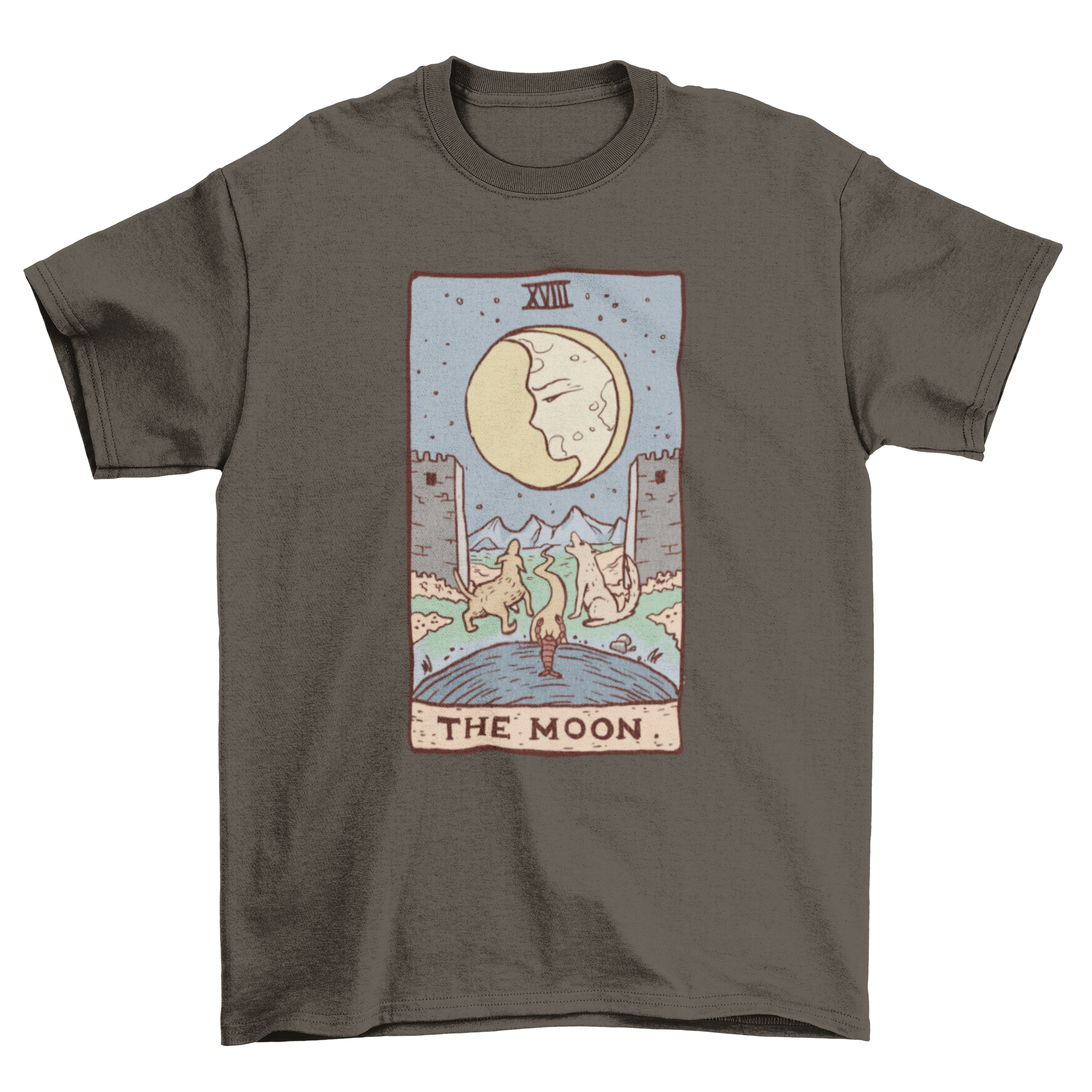 A stylish t-shirt featuring a tarot card design with a moon and wolves, perfect for tarot enthusiasts.