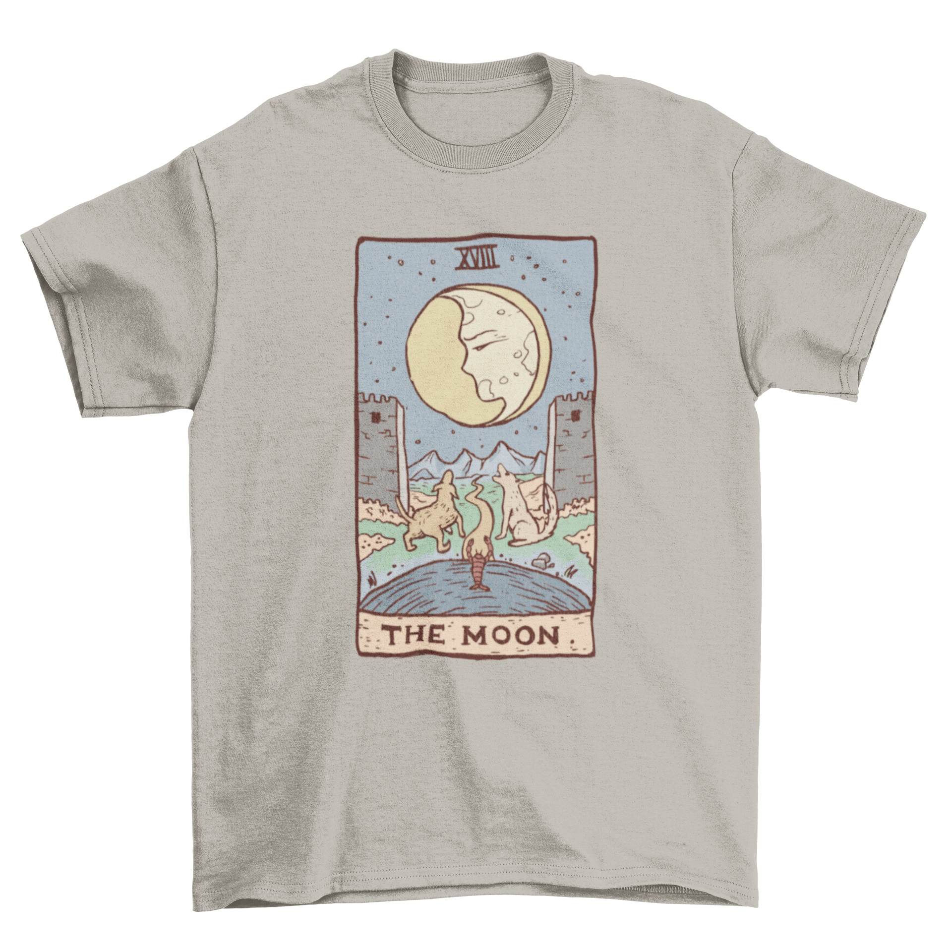 A stylish t-shirt featuring a tarot card design with a moon and wolves, perfect for tarot enthusiasts.