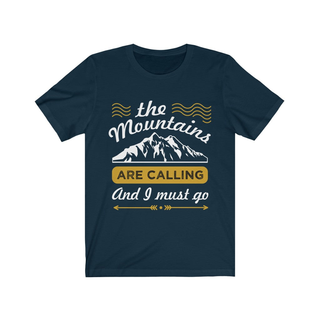 A unisex T-shirt featuring the phrase 'The Mountains are Calling' in a stylish vinyl print, made from 100% soft cotton.