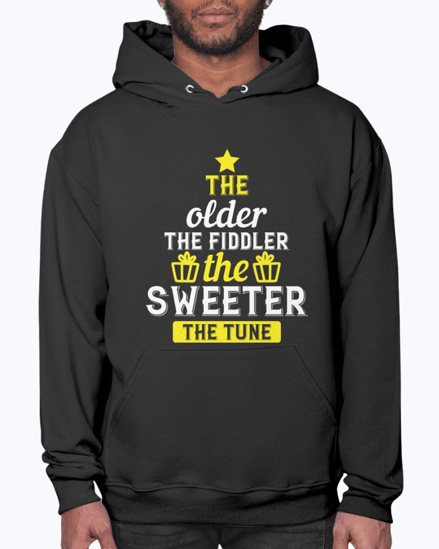 A cozy unisex hoodie featuring the phrase 'The older the fiddler, the sweeter the tune' designed for birthdays, made from soft fleece material.