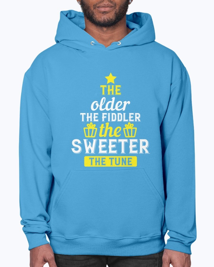 A cozy unisex hoodie featuring the phrase 'The older the fiddler, the sweeter the tune' designed for birthdays, made from soft fleece material.