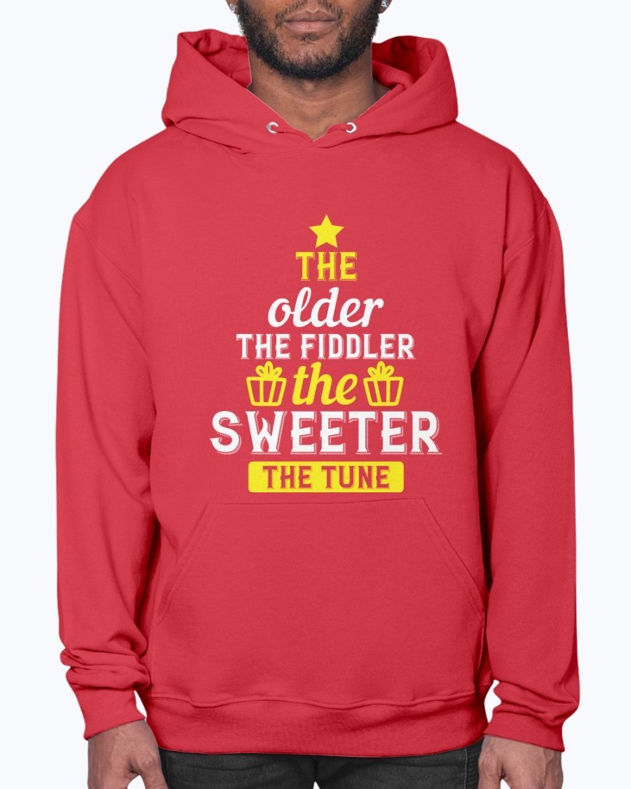 A cozy unisex hoodie featuring the phrase 'The older the fiddler, the sweeter the tune' designed for birthdays, made from soft fleece material.