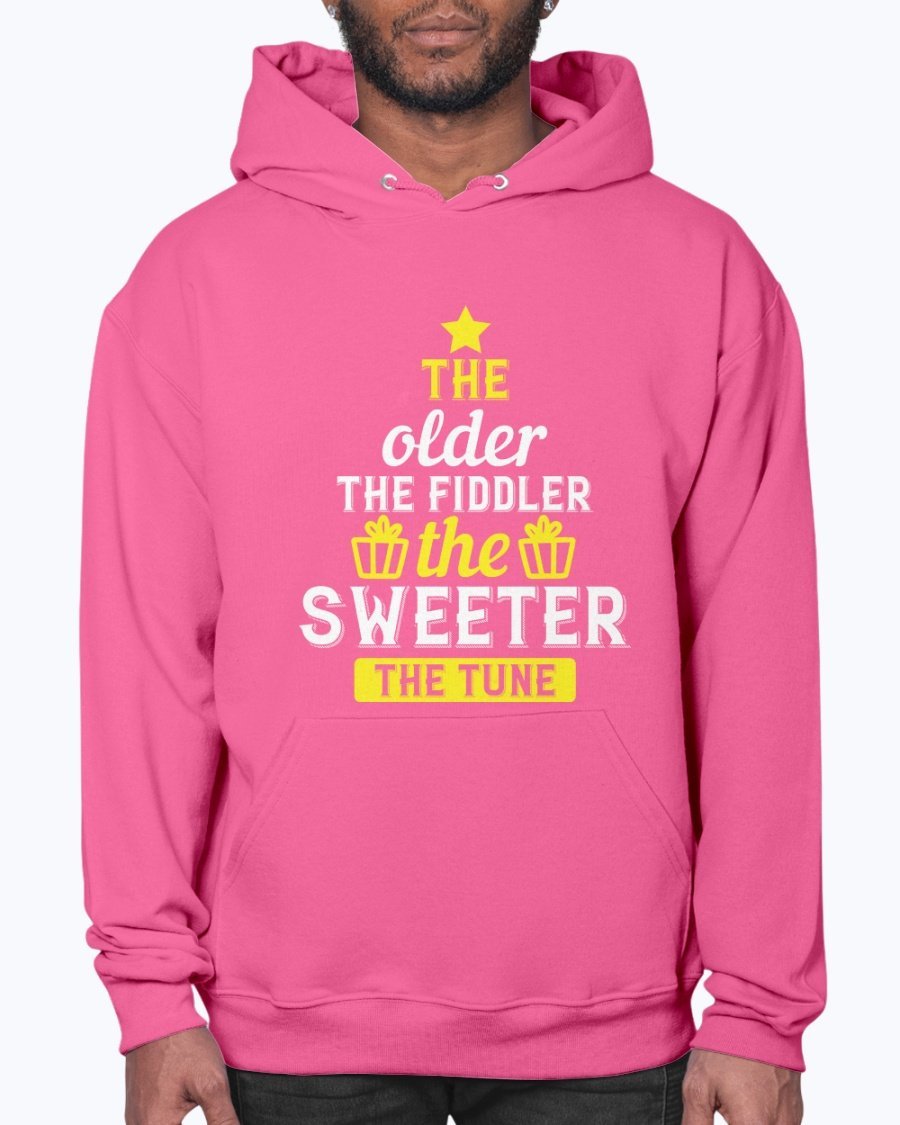 A cozy unisex hoodie featuring the phrase 'The older the fiddler, the sweeter the tune' designed for birthdays, made from soft fleece material.