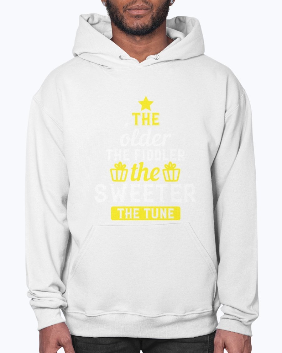 A cozy unisex hoodie featuring the phrase 'The older the fiddler, the sweeter the tune' designed for birthdays, made from soft fleece material.