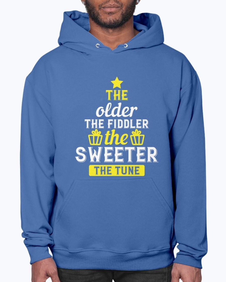 A cozy unisex hoodie featuring the phrase 'The older the fiddler, the sweeter the tune' designed for birthdays, made from soft fleece material.