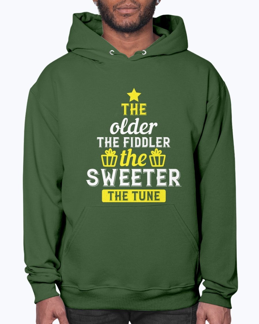 A cozy unisex hoodie featuring the phrase 'The older the fiddler, the sweeter the tune' designed for birthdays, made from soft fleece material.