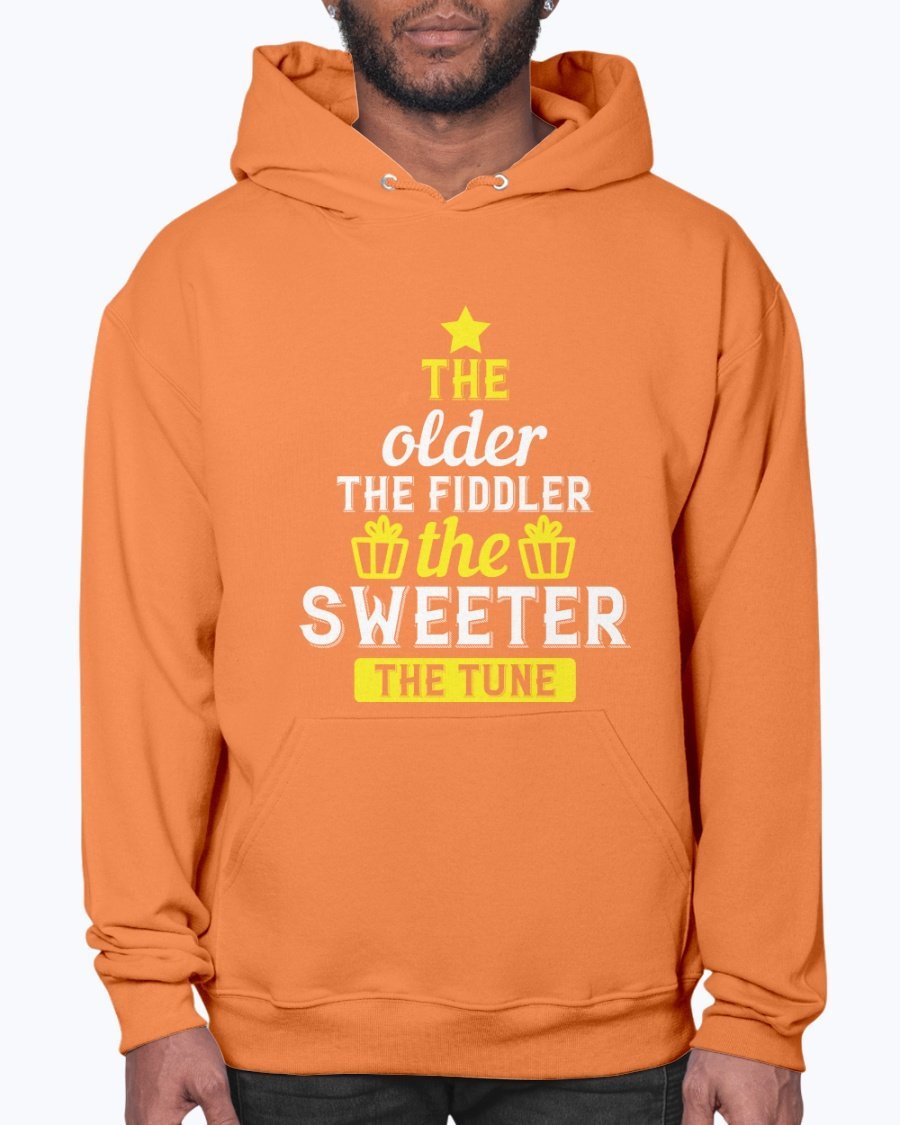 A cozy unisex hoodie featuring the phrase 'The older the fiddler, the sweeter the tune' designed for birthdays, made from soft fleece material.