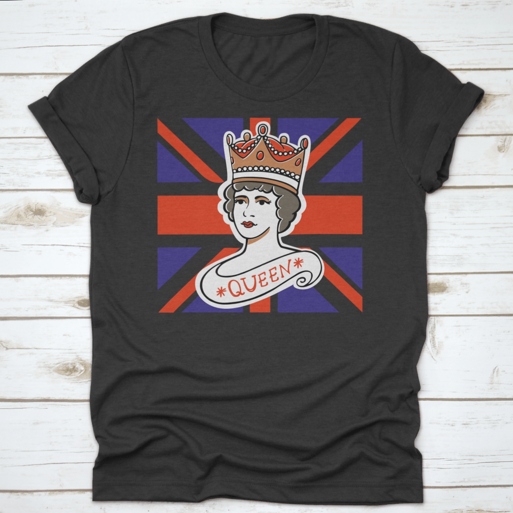 A classic cotton t-shirt featuring a portrait of the Queen, representing the UK, Canada, Australia, and New Zealand, showcasing vibrant colors and quality fabric.