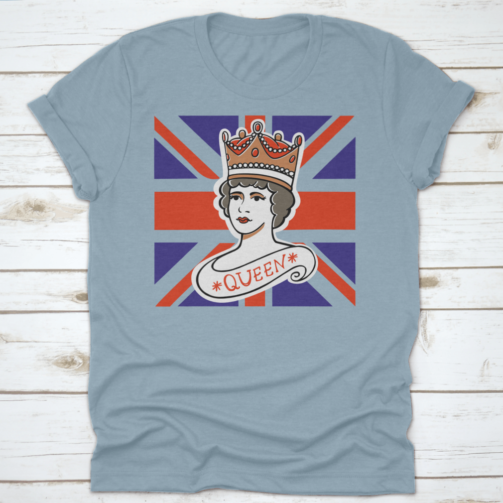 A classic cotton t-shirt featuring a portrait of the Queen, representing the UK, Canada, Australia, and New Zealand, showcasing vibrant colors and quality fabric.