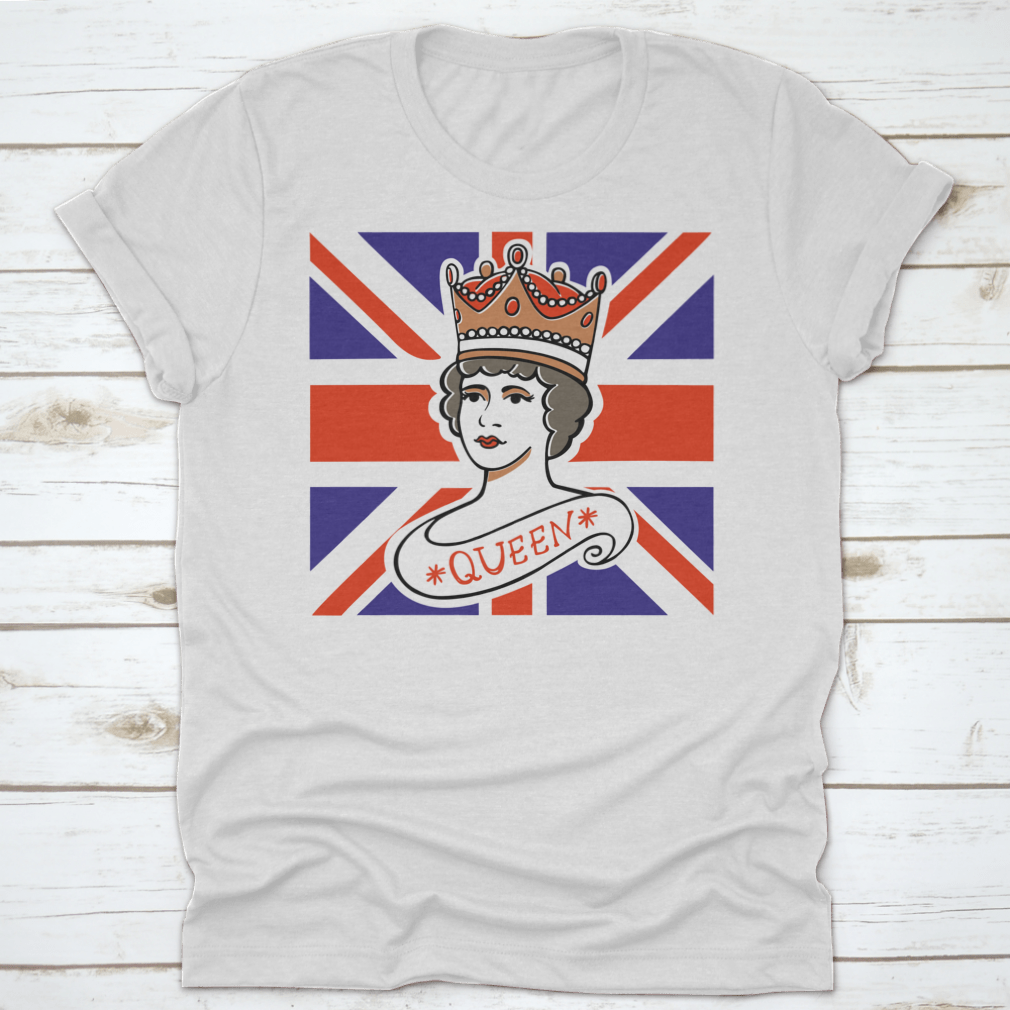 A classic cotton t-shirt featuring a portrait of the Queen, representing the UK, Canada, Australia, and New Zealand, showcasing vibrant colors and quality fabric.