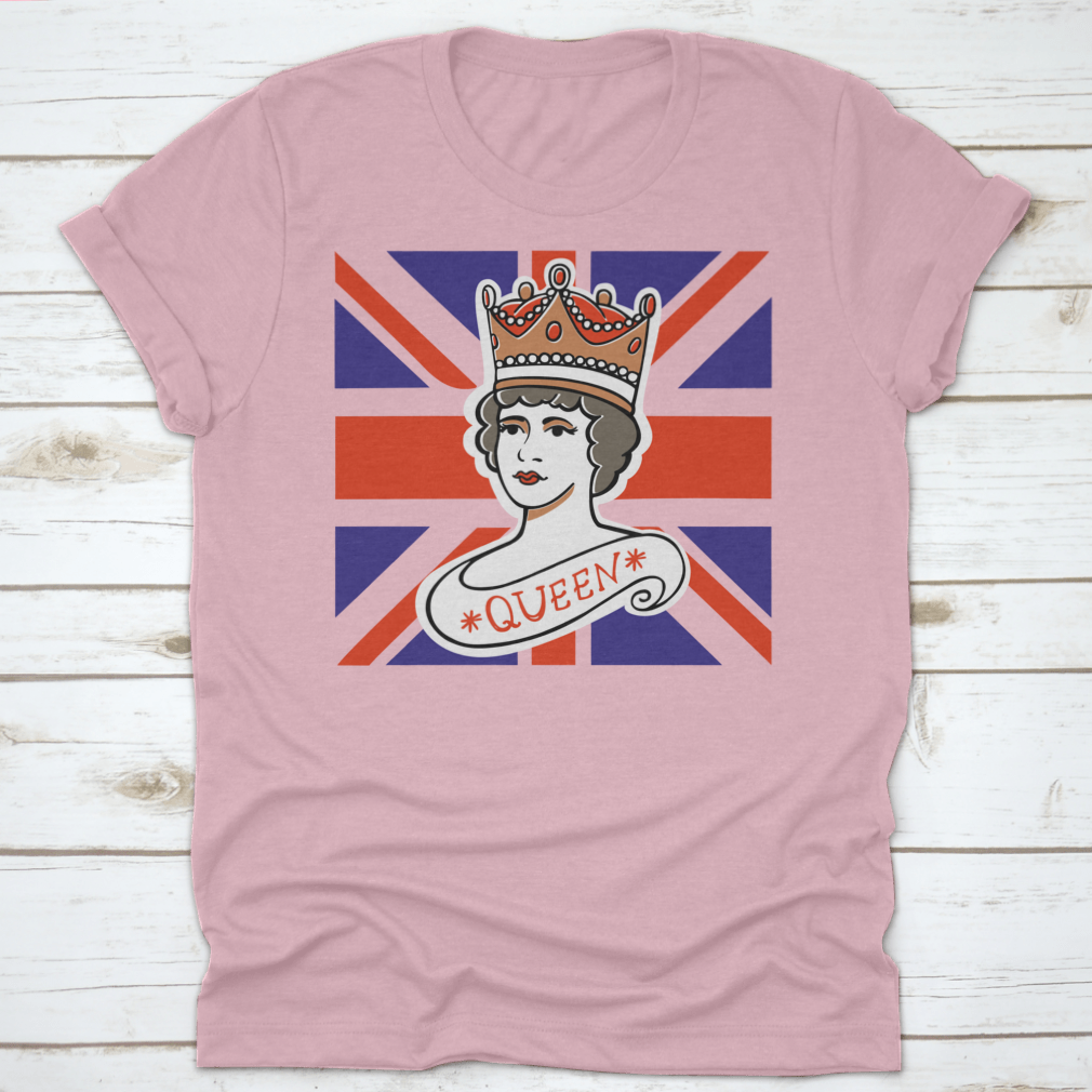 A classic cotton t-shirt featuring a portrait of the Queen, representing the UK, Canada, Australia, and New Zealand, showcasing vibrant colors and quality fabric.