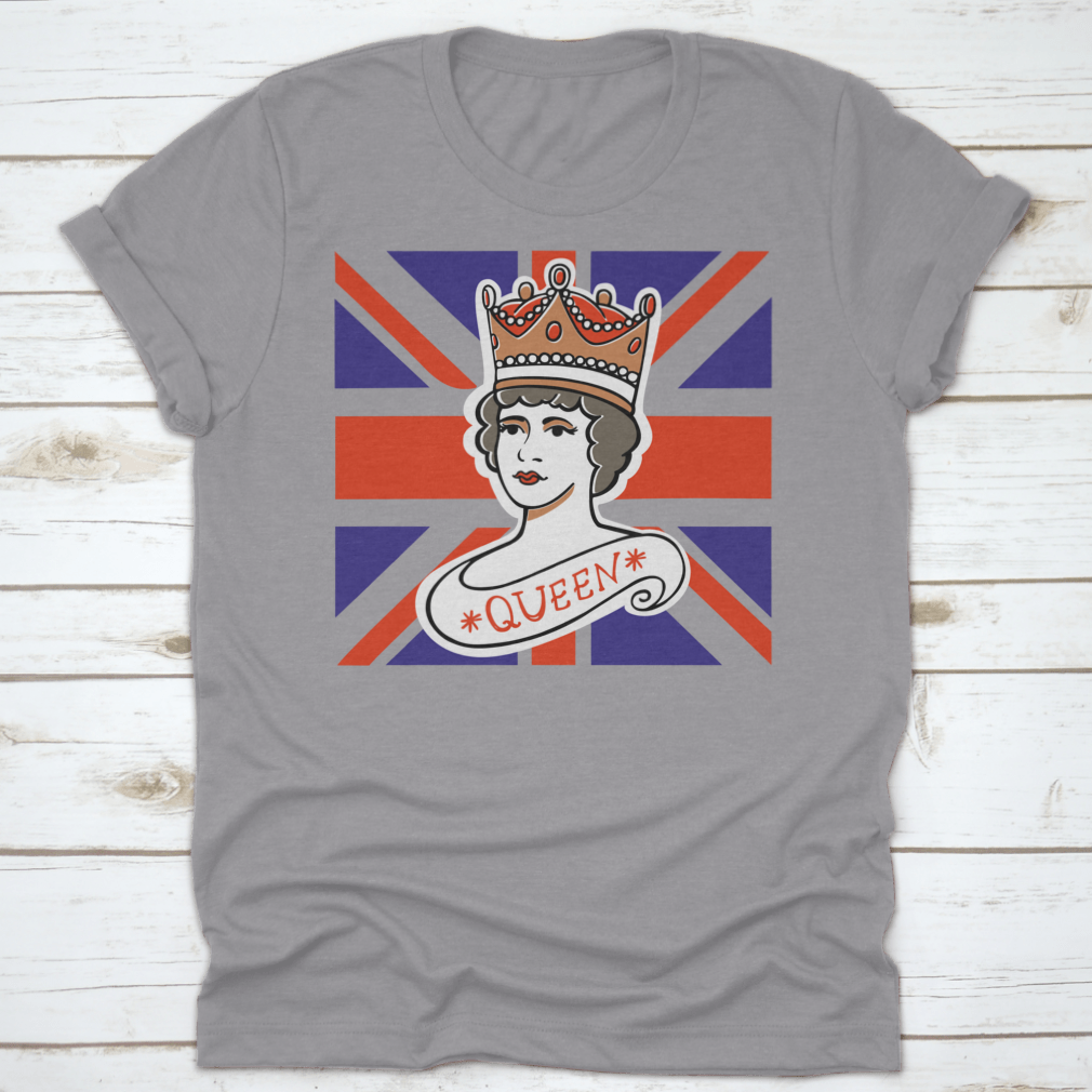 A classic cotton t-shirt featuring a portrait of the Queen, representing the UK, Canada, Australia, and New Zealand, showcasing vibrant colors and quality fabric.