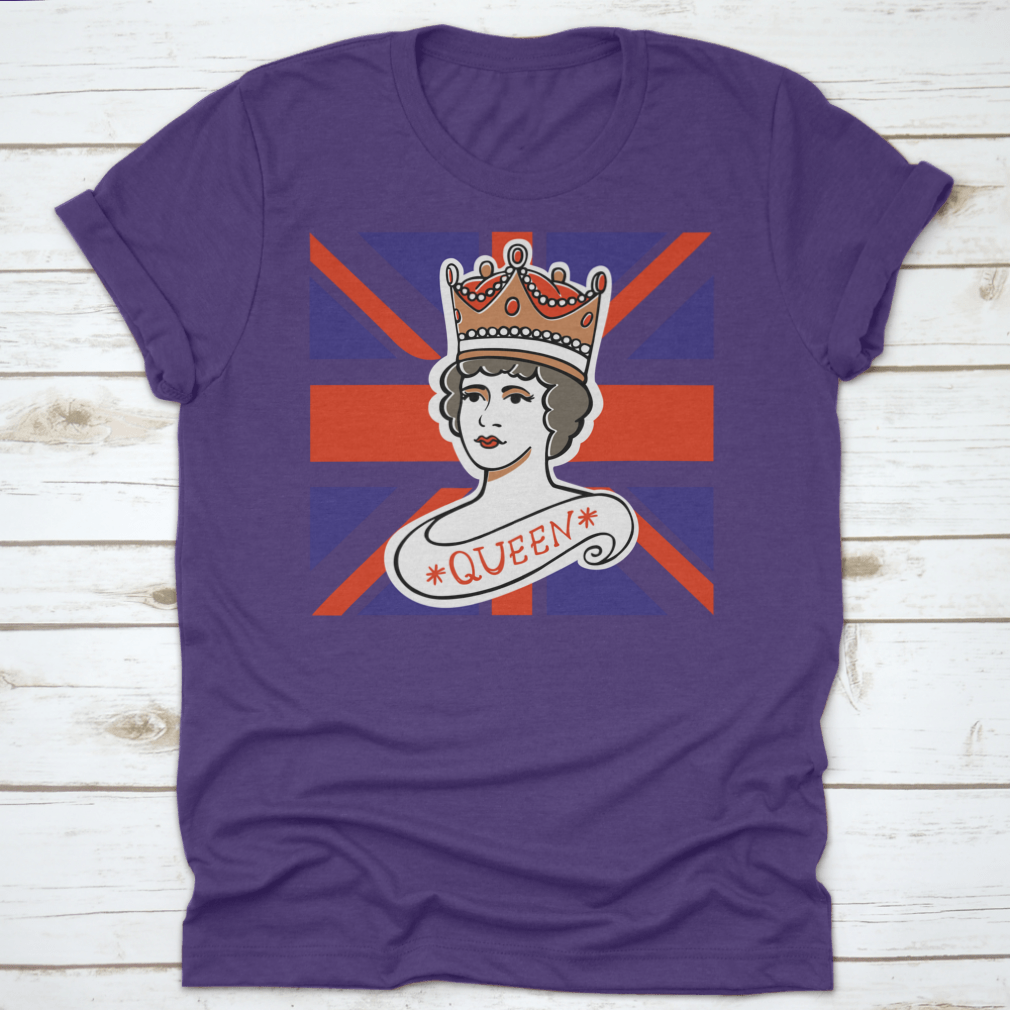 A classic cotton t-shirt featuring a portrait of the Queen, representing the UK, Canada, Australia, and New Zealand, showcasing vibrant colors and quality fabric.