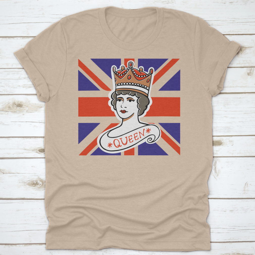 A classic cotton t-shirt featuring a portrait of the Queen, representing the UK, Canada, Australia, and New Zealand, showcasing vibrant colors and quality fabric.