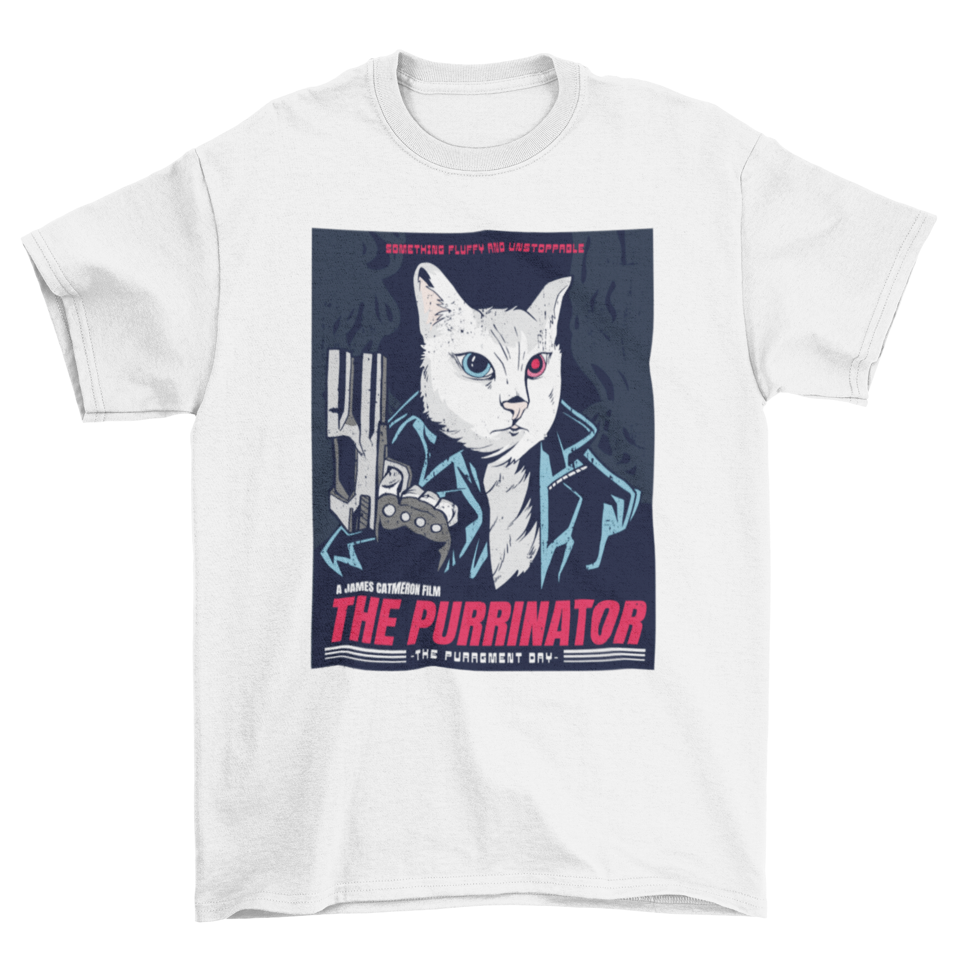 A humorous t-shirt featuring a white cat holding a gun, designed as a movie parody.