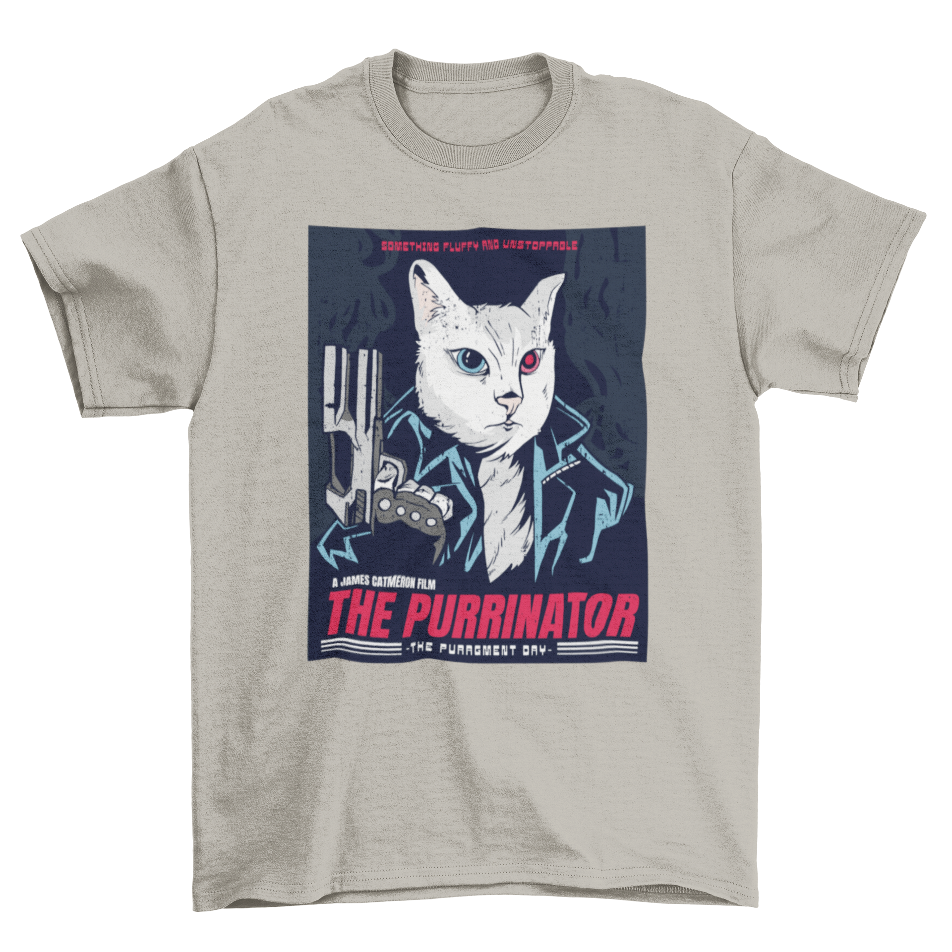 A humorous t-shirt featuring a white cat holding a gun, designed as a movie parody.