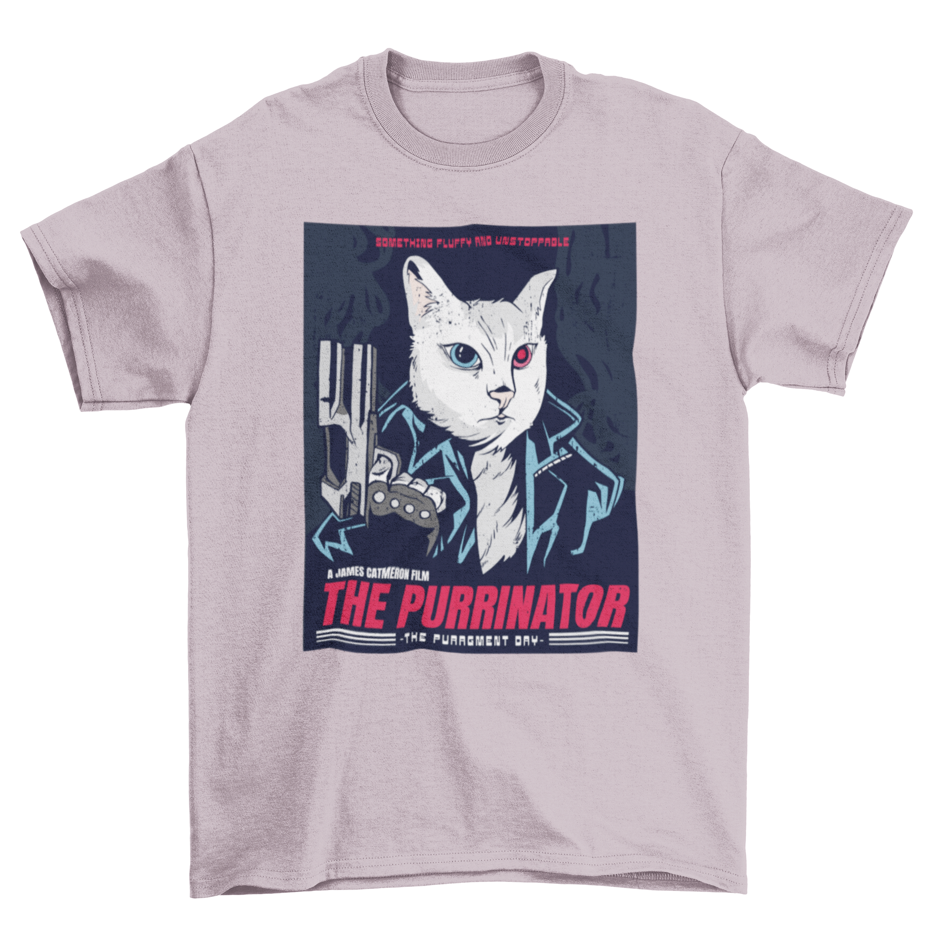 A humorous t-shirt featuring a white cat holding a gun, designed as a movie parody.