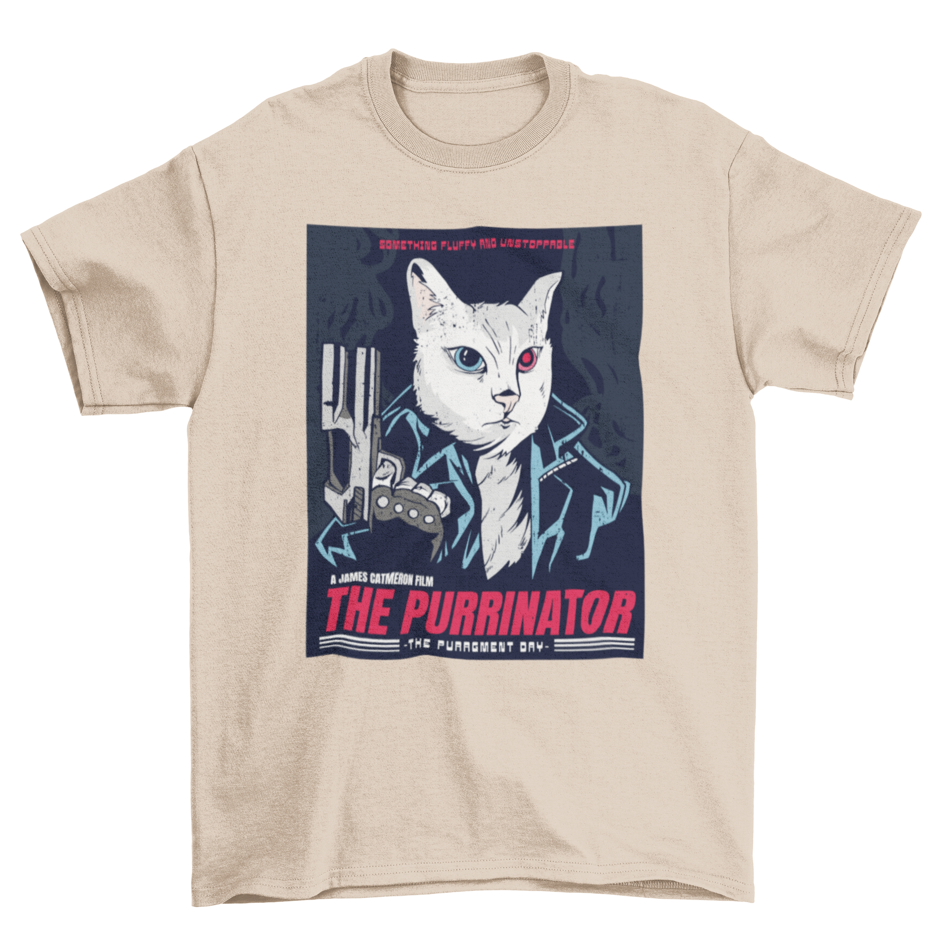 A humorous t-shirt featuring a white cat holding a gun, designed as a movie parody.