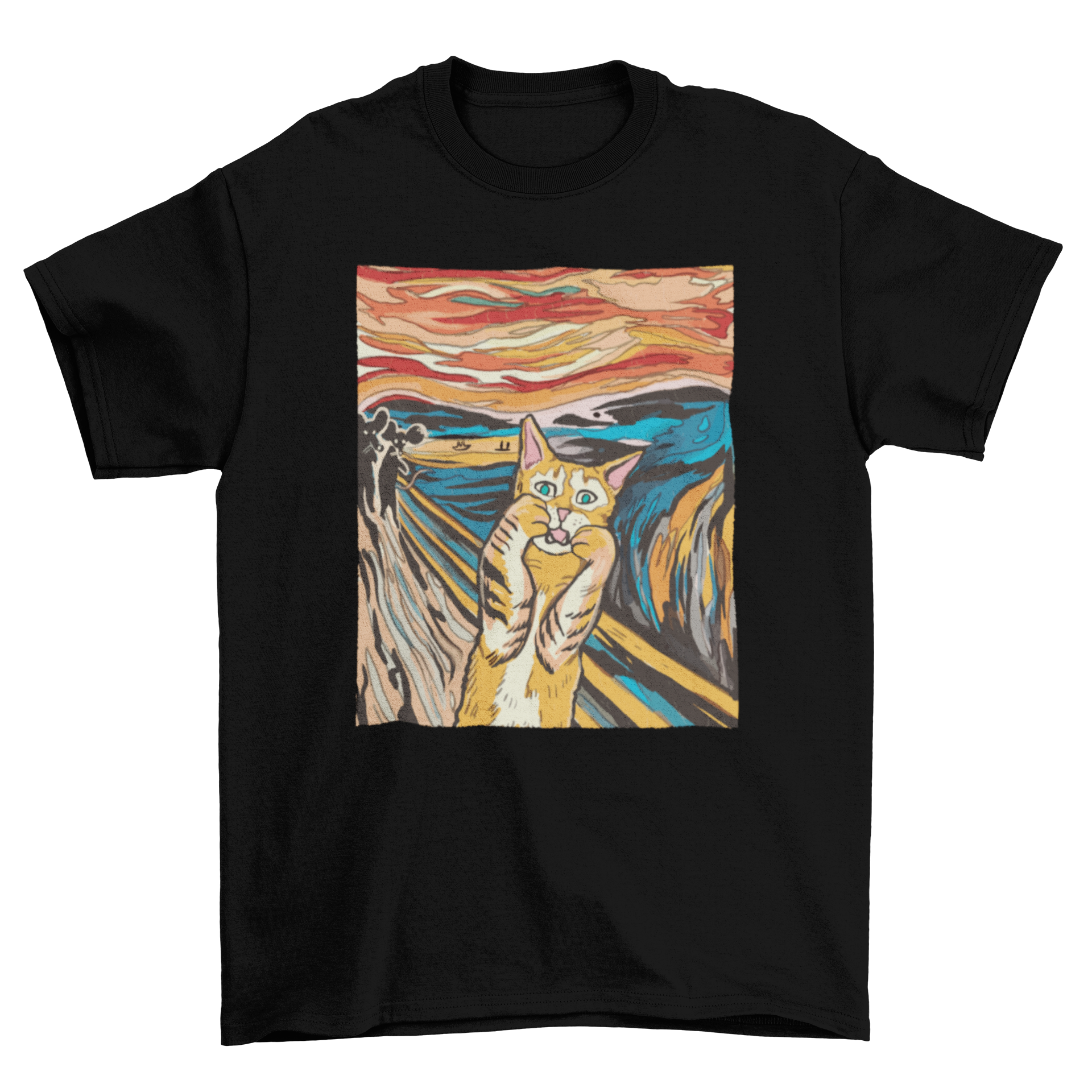 A playful t-shirt featuring an orange tabby cat parodying Edvard Munch's The Scream painting.