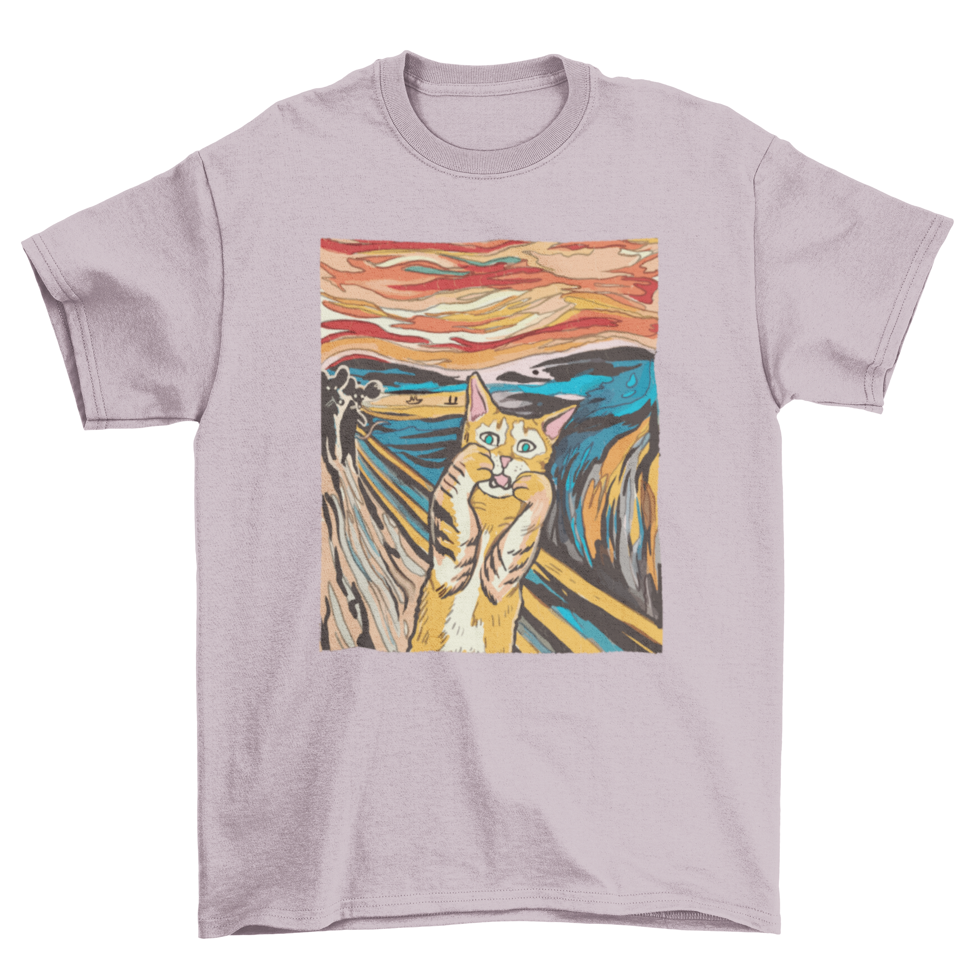 A playful t-shirt featuring an orange tabby cat parodying Edvard Munch's The Scream painting.