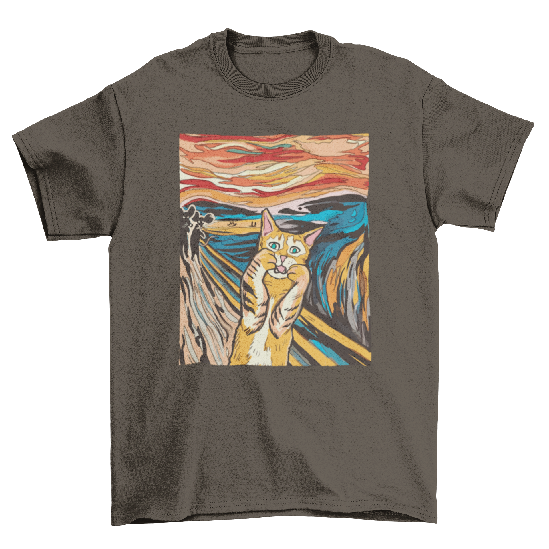 A playful t-shirt featuring an orange tabby cat parodying Edvard Munch's The Scream painting.