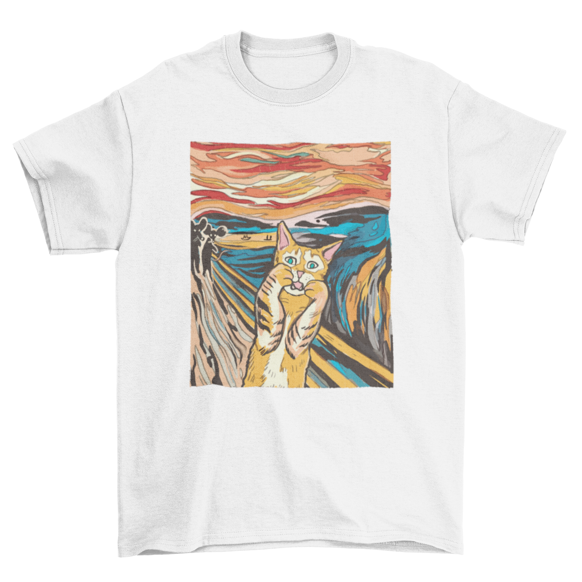 A playful t-shirt featuring an orange tabby cat parodying Edvard Munch's The Scream painting.