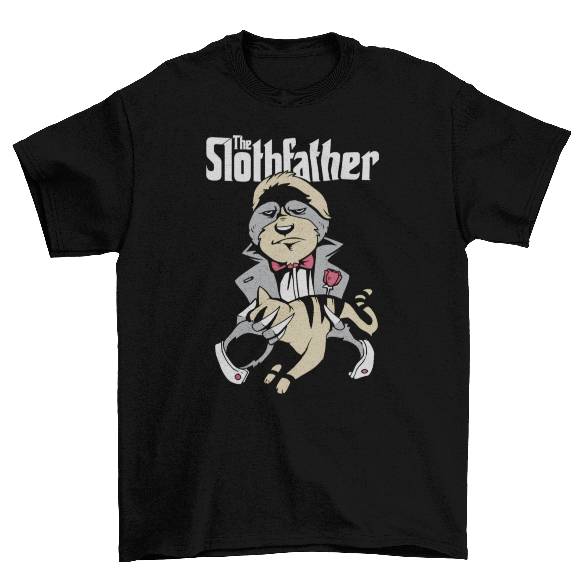 The Slothfather T-shirt featuring a cartoon gangster sloth design with the text 'THE SLOTHFATHER'.